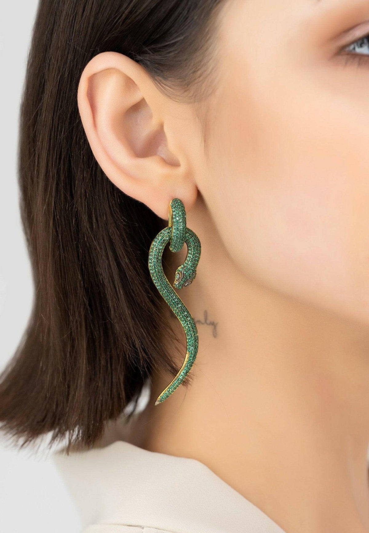 Anaconda Snake Drop Earrings Gold Emerald.