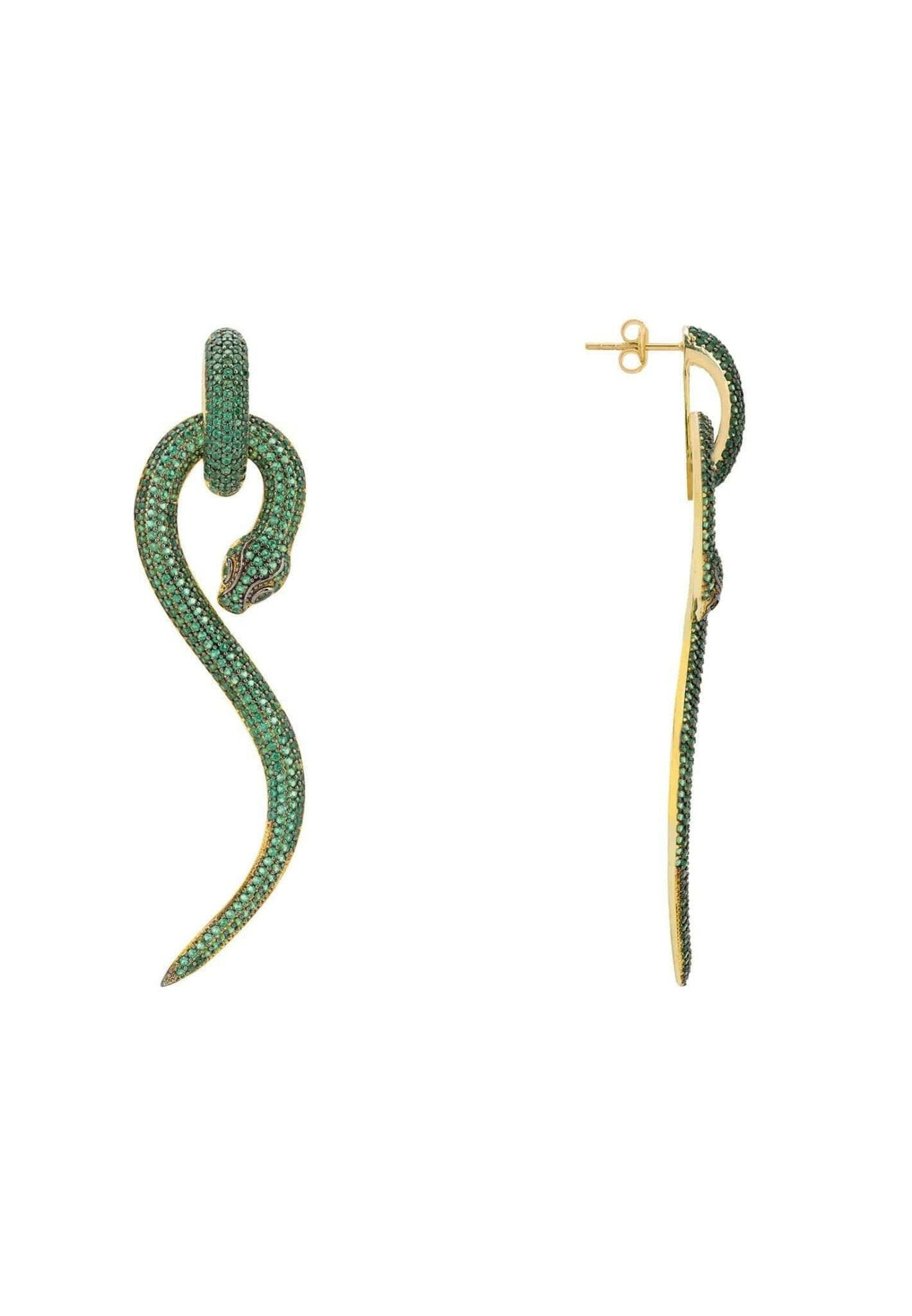 Anaconda Snake Drop Earrings Gold Emerald.