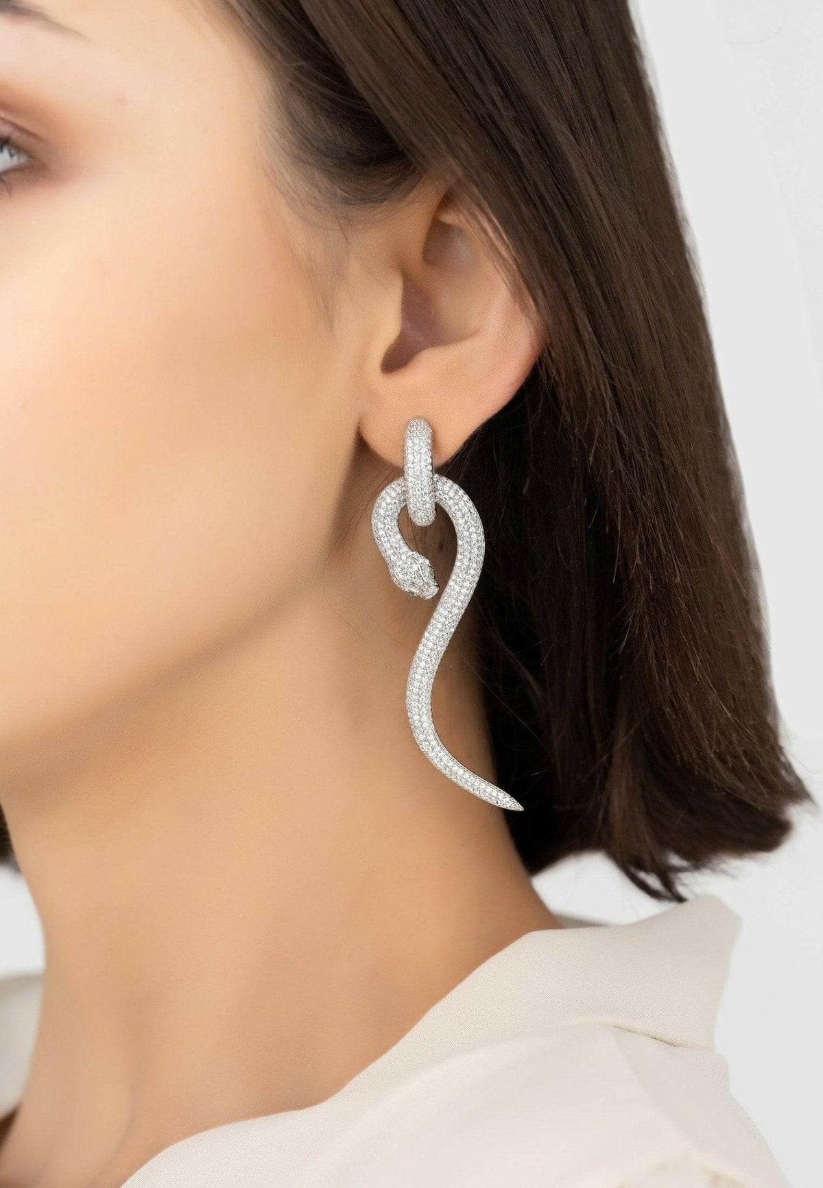 Anaconda Snake Drop Earrings Silver White.