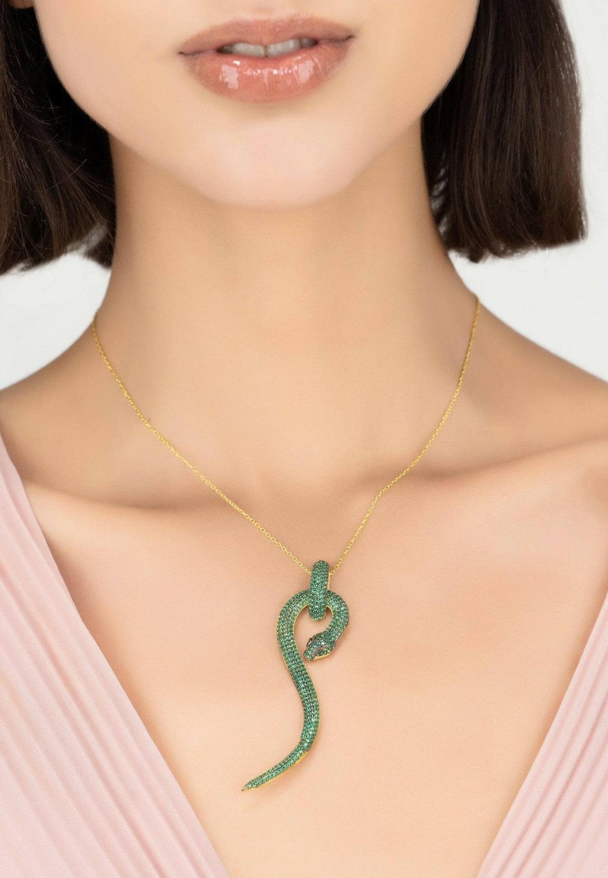 Anaconda Snake Pendant Necklace Gold Emerald.