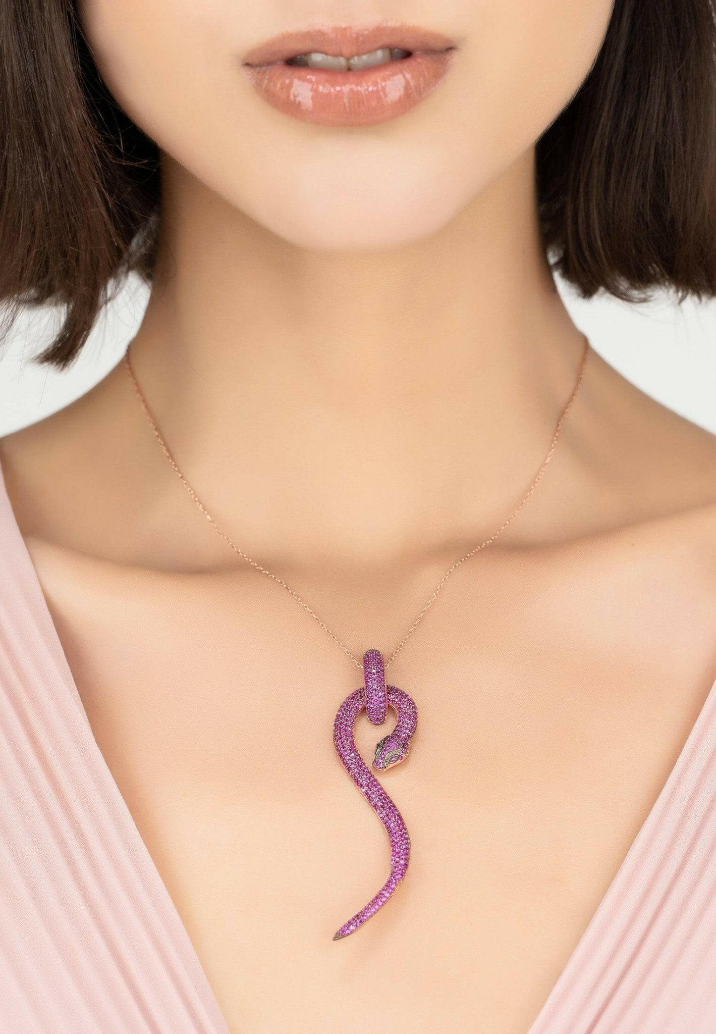 Anaconda Snake Pendant Necklace Rosegold Ruby.