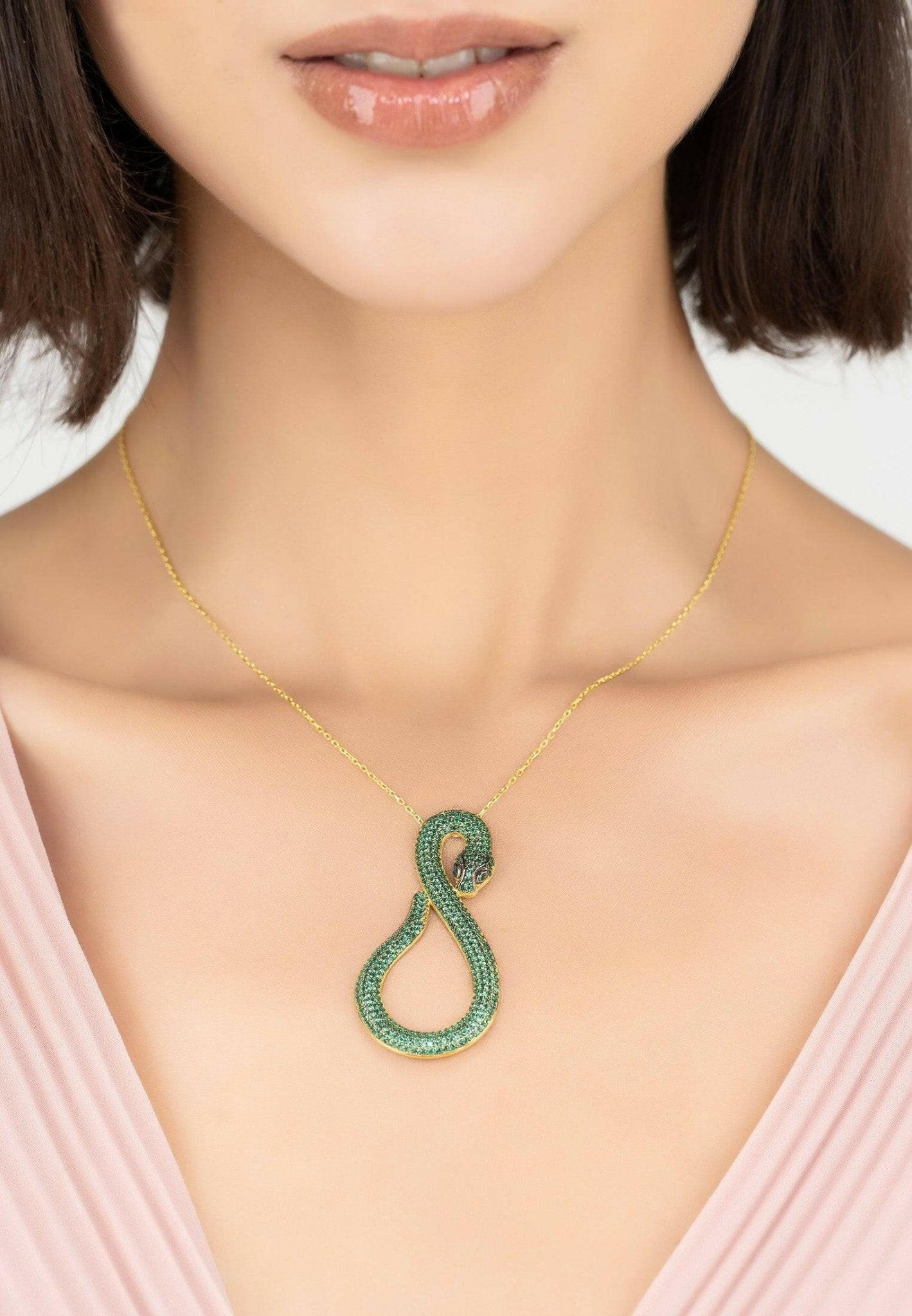 Asp Snake Pendant Necklace Gold Emerald.