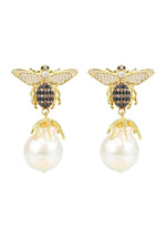 Baroque Pearl Honey Bee Drop Earrings Gold.