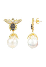 Baroque Pearl Honey Bee Drop Earrings Gold.