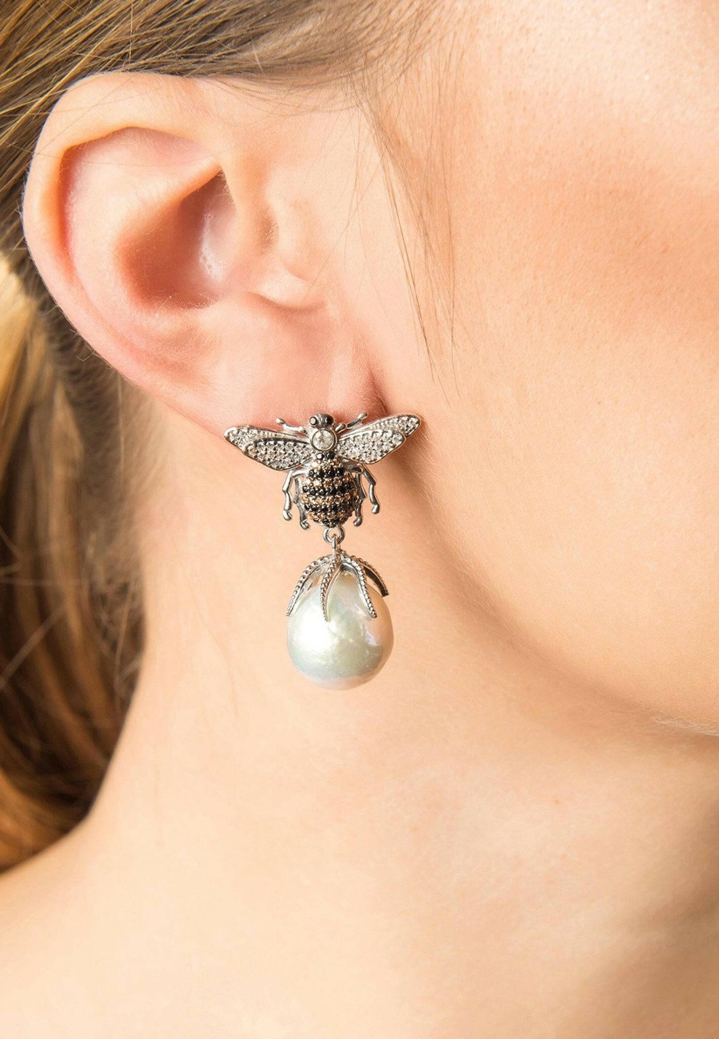 Baroque Pearl Honey Bee Drop Earrings Silver.