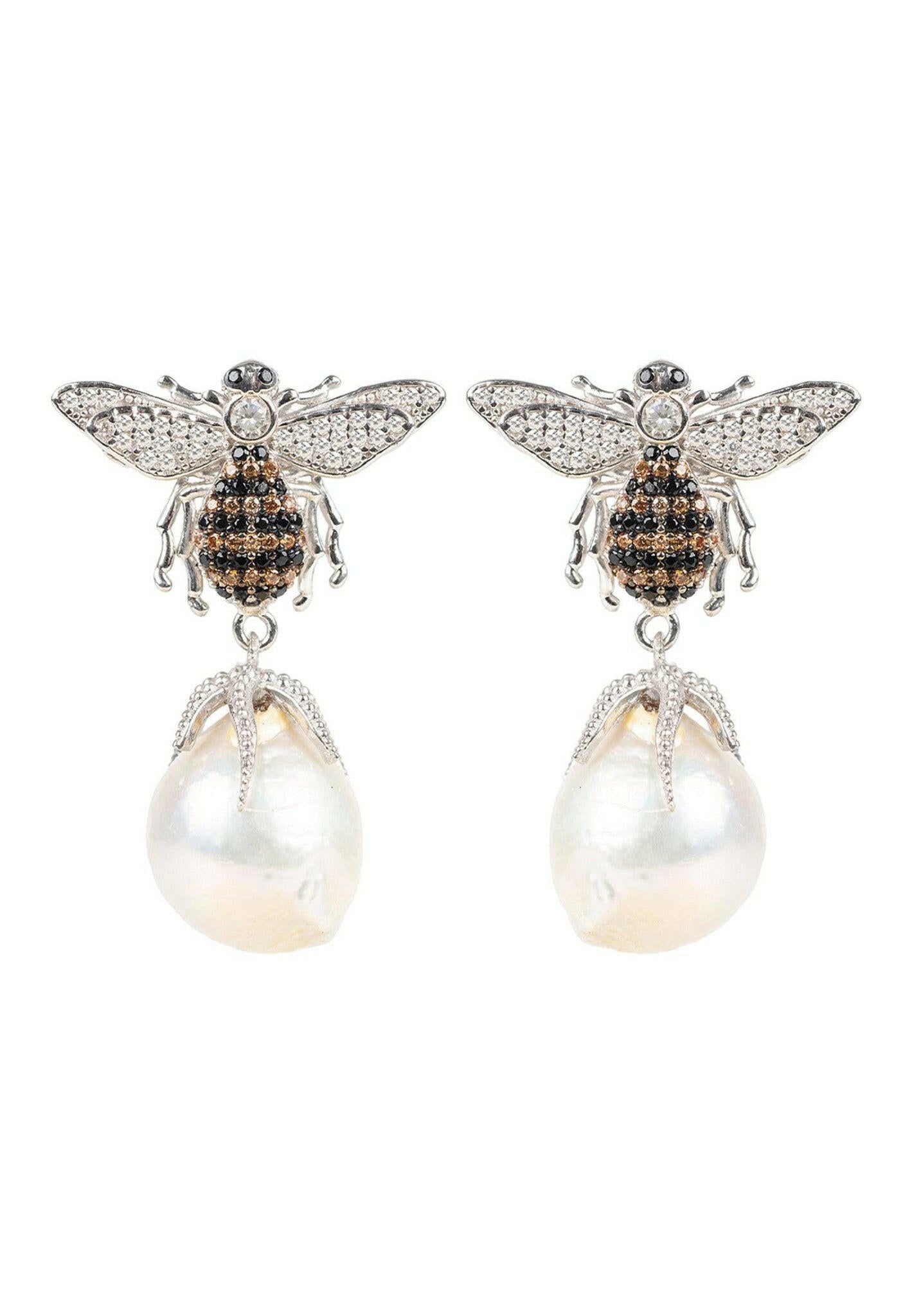 Baroque Pearl Honey Bee Drop Earrings Silver.