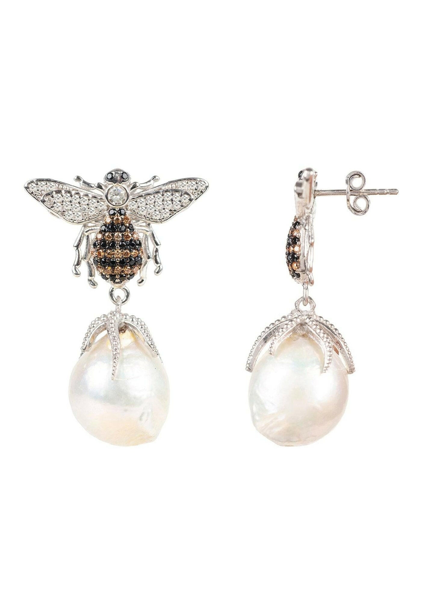 Baroque Pearl Honey Bee Drop Earrings Silver.