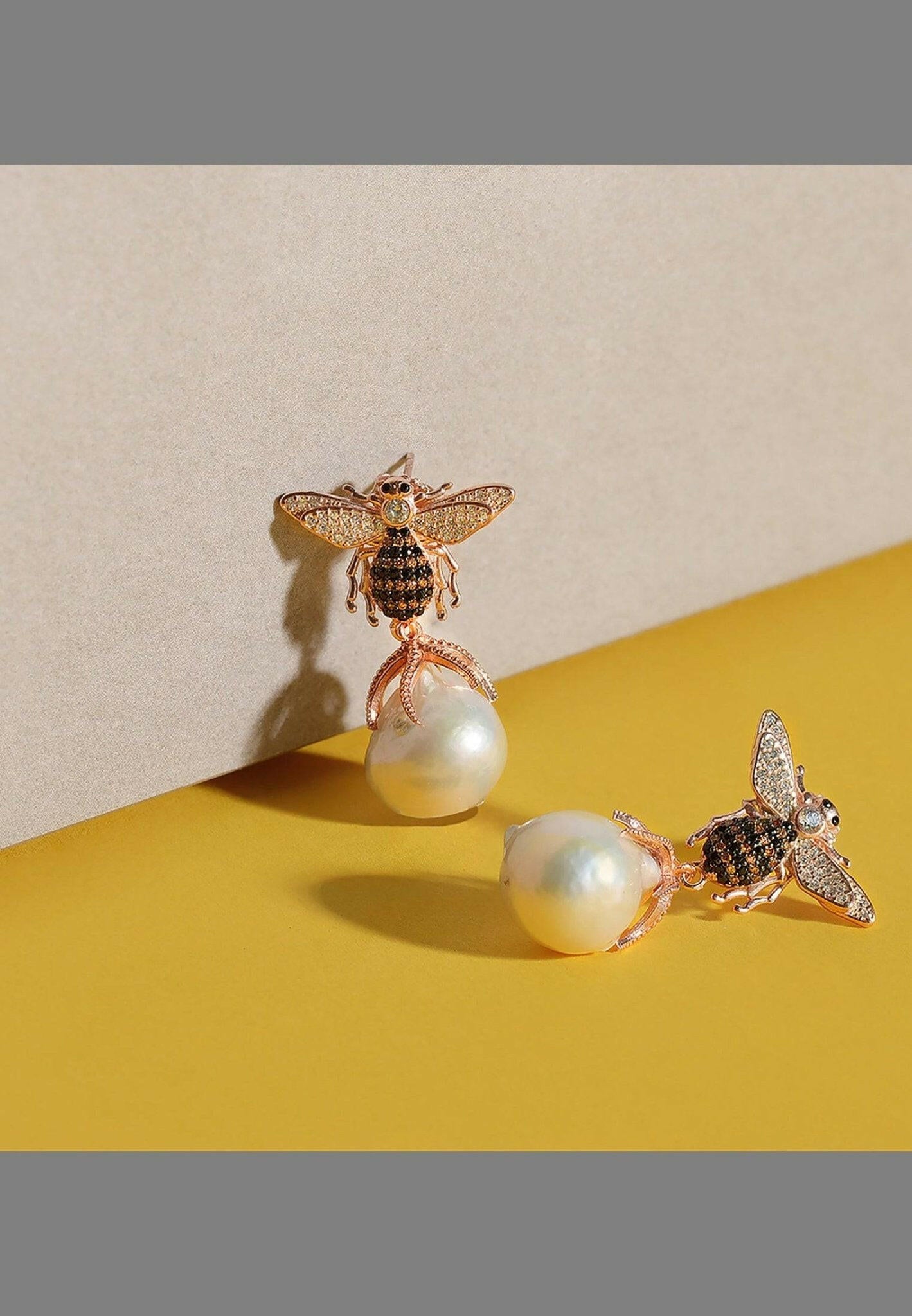 Baroque Pearl Honey Bee Drop Earrings Silver.