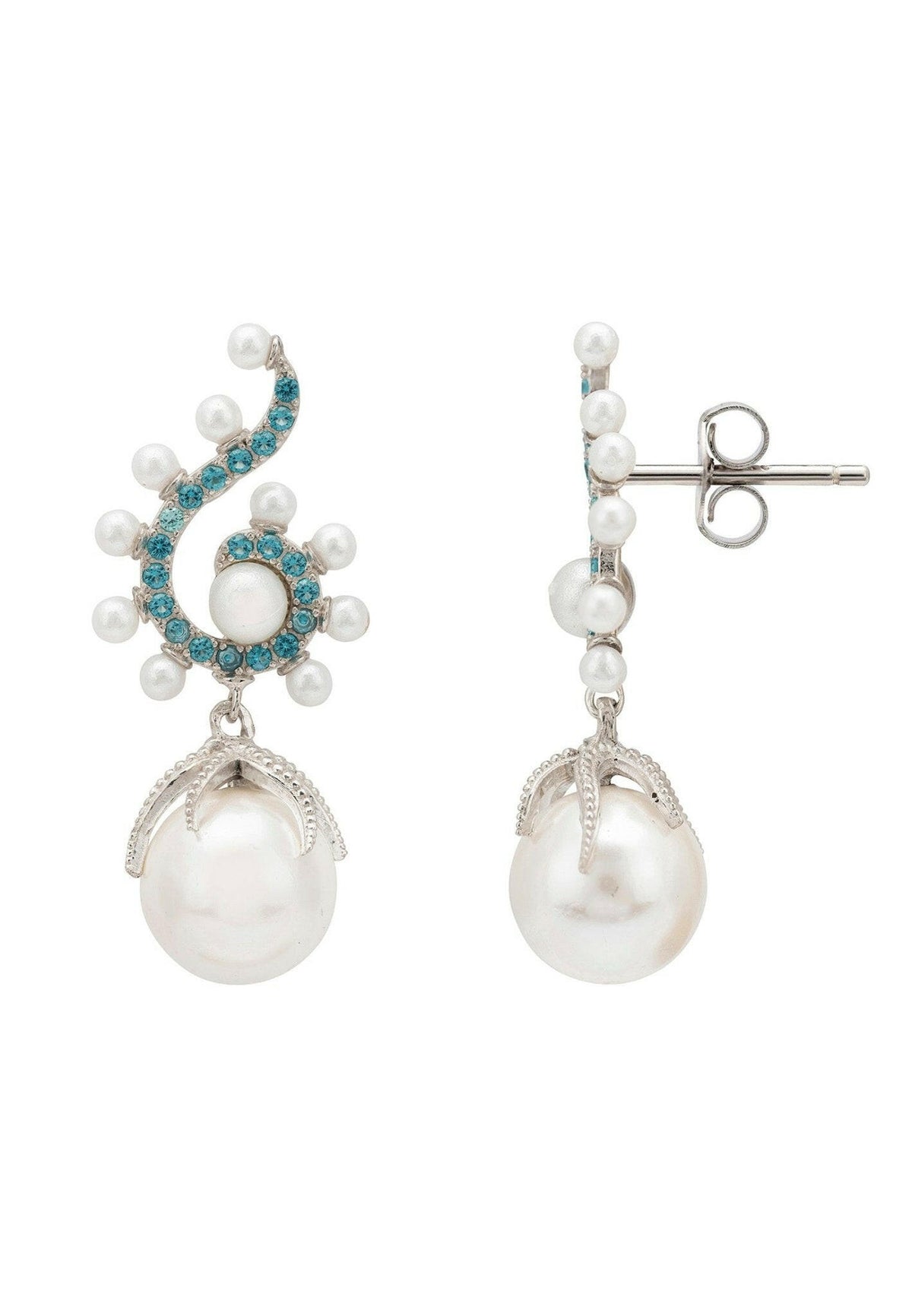 Baroque Pearl Poseidon Gemstone Drop Earrings Aqua Silver.