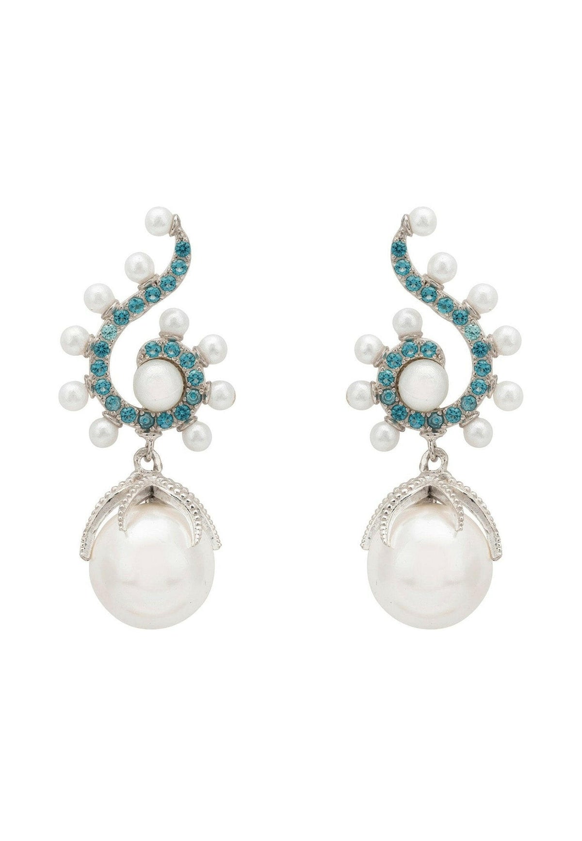 Baroque Pearl Poseidon Gemstone Drop Earrings Aqua Silver.