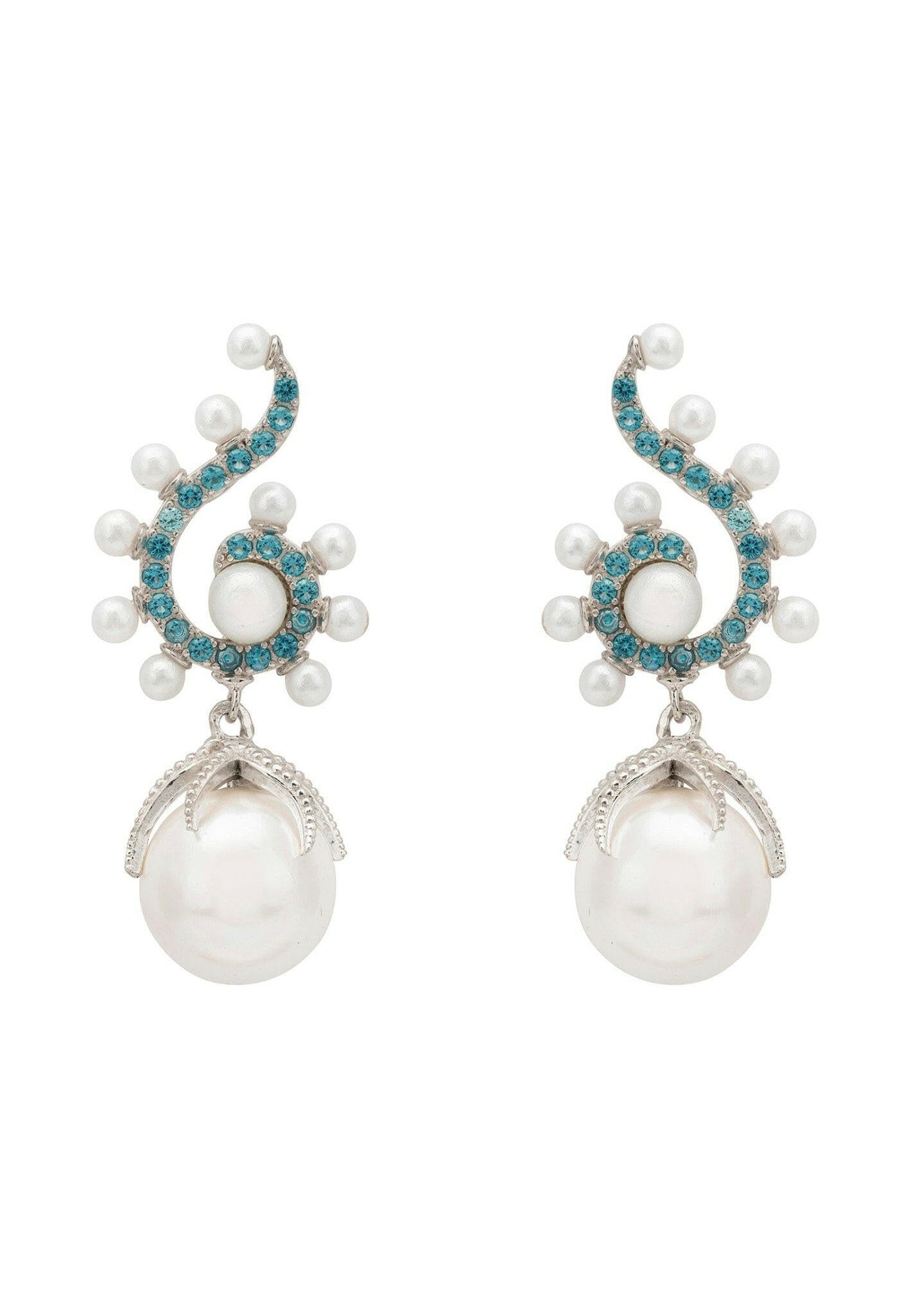 Baroque Pearl Poseidon Gemstone Drop Earrings Aqua Silver.