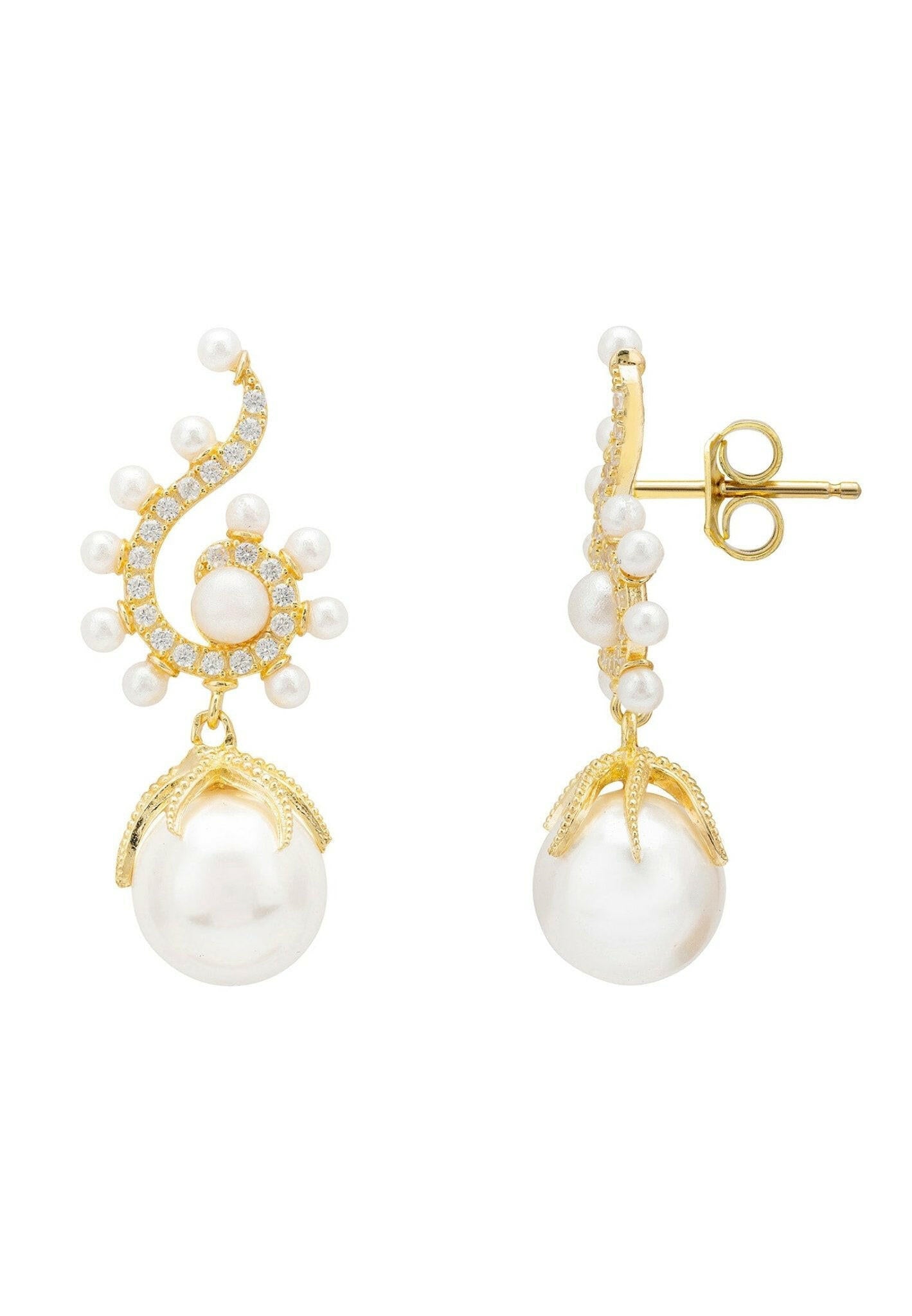 Baroque Pearl Poseidon Gemstone Drop Earrings White Gold.