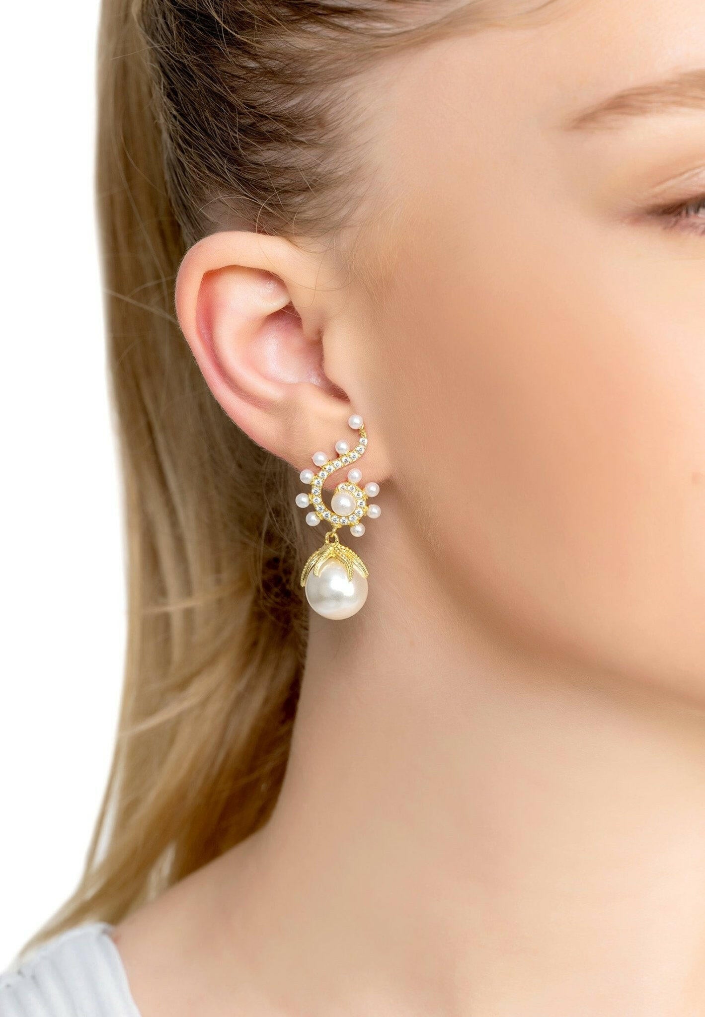 Baroque Pearl Poseidon Gemstone Drop Earrings White Gold.