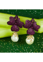 Baroque Pearl Ruby Red Flower Earrings Rose Gold.