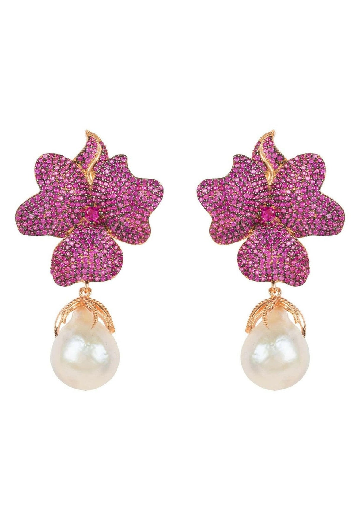 Baroque Pearl Ruby Red Flower Earrings Rose Gold.