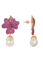 Baroque Pearl Ruby Red Flower Earrings Rose Gold.