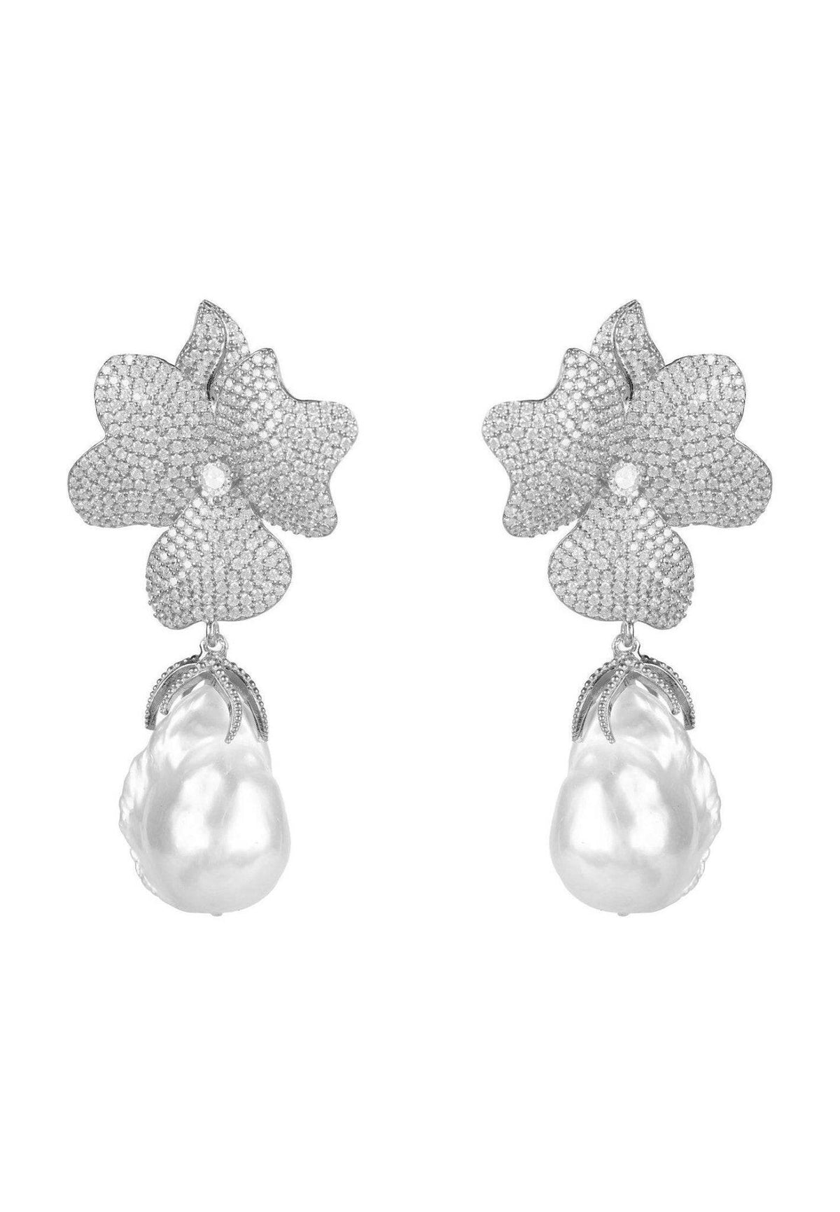 Baroque Pearl White Flower Drop Earring Silver.