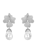 Baroque Pearl White Flower Drop Earring Silver.