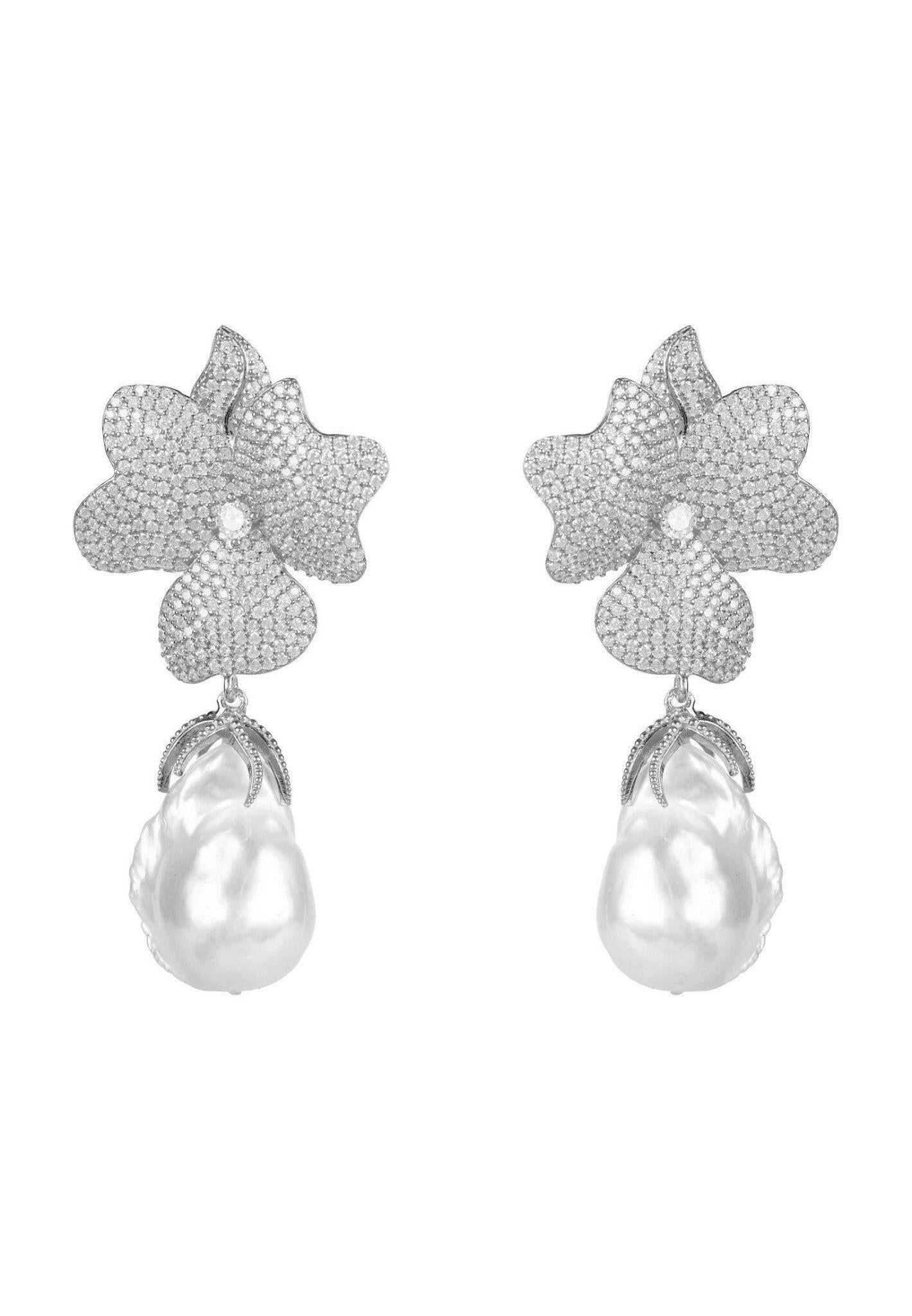 Baroque Pearl White Flower Drop Earring Silver.