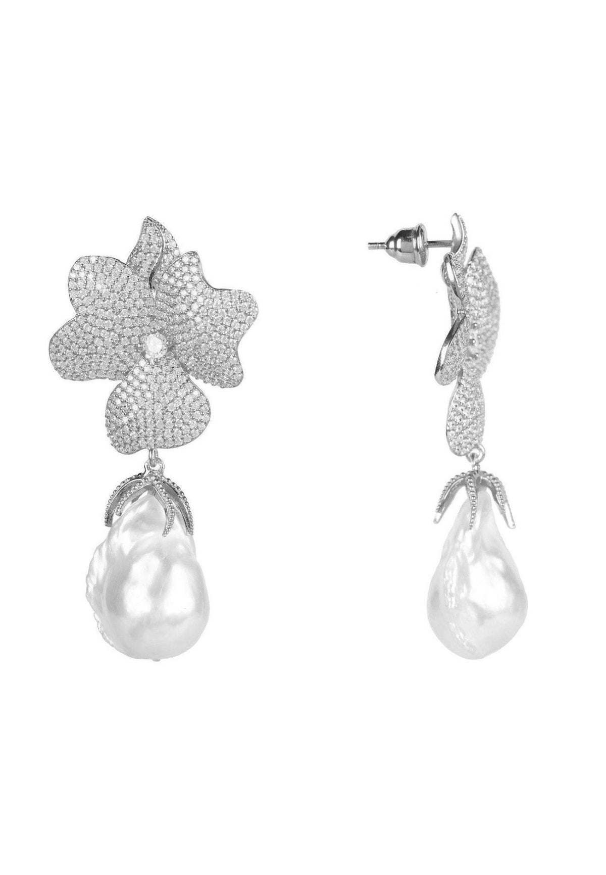 Baroque Pearl White Flower Drop Earring Silver.