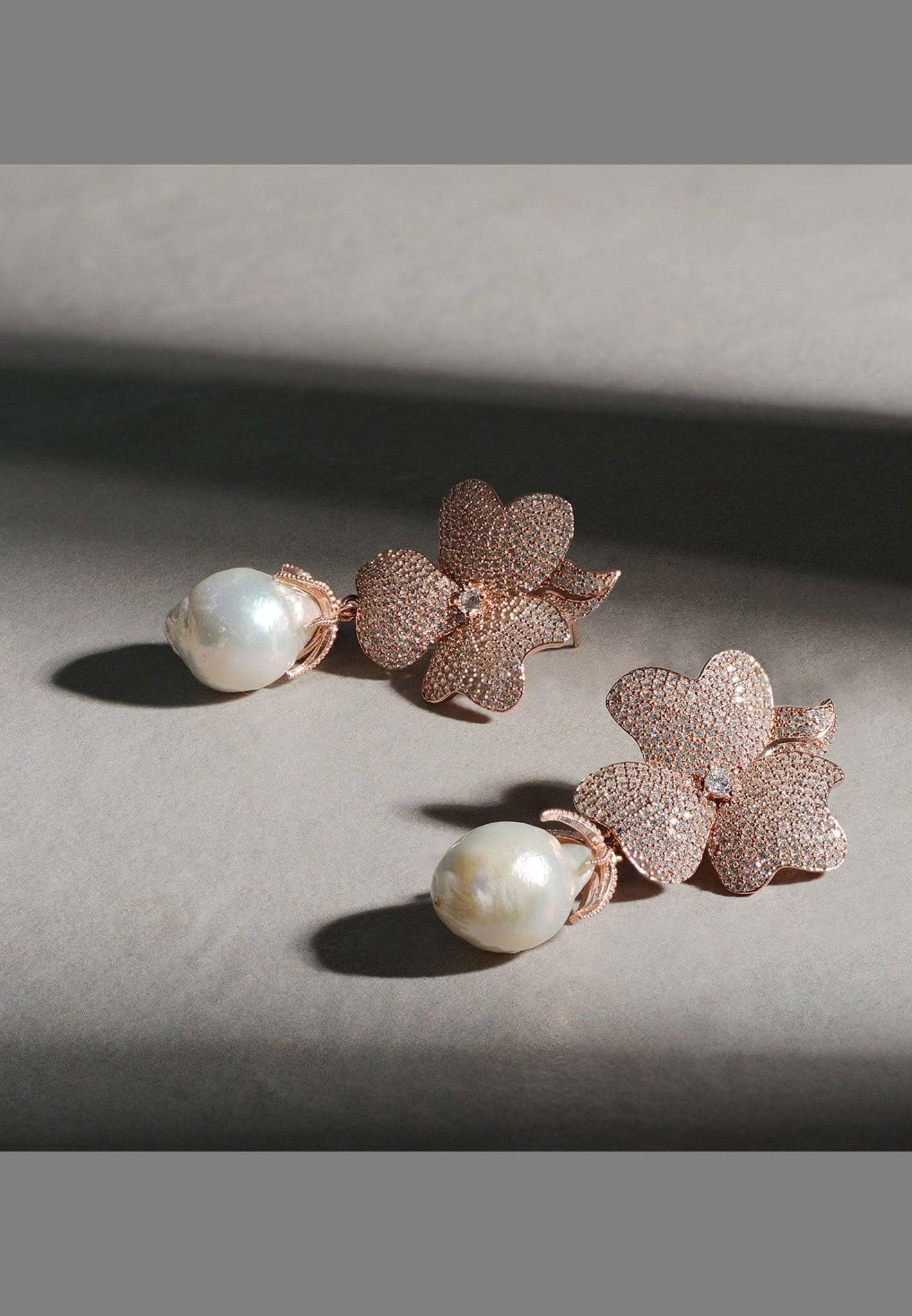 Baroque Pearl White Flower Drop Earrings Rosegold.