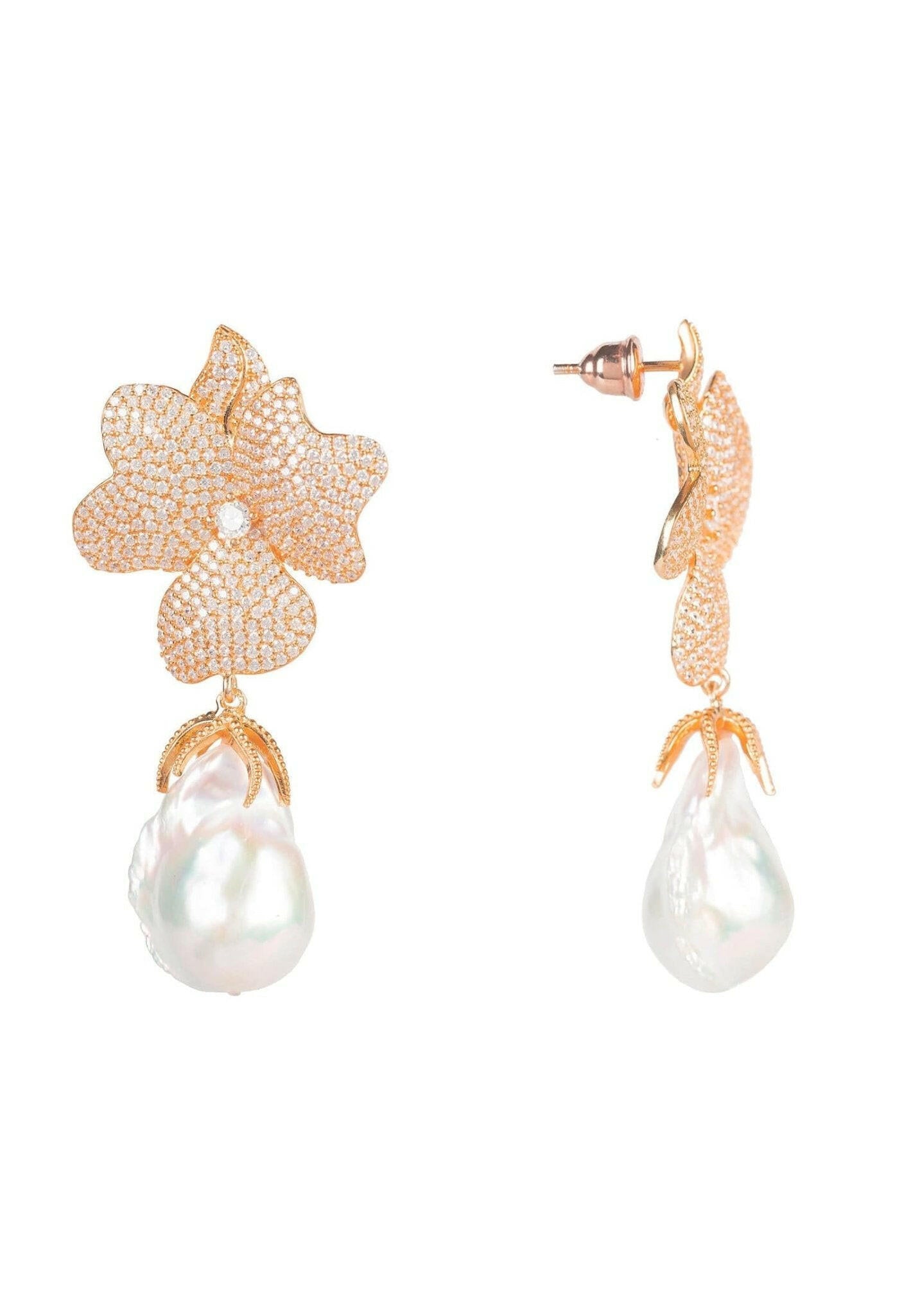 Baroque Pearl White Flower Drop Earrings Rosegold.