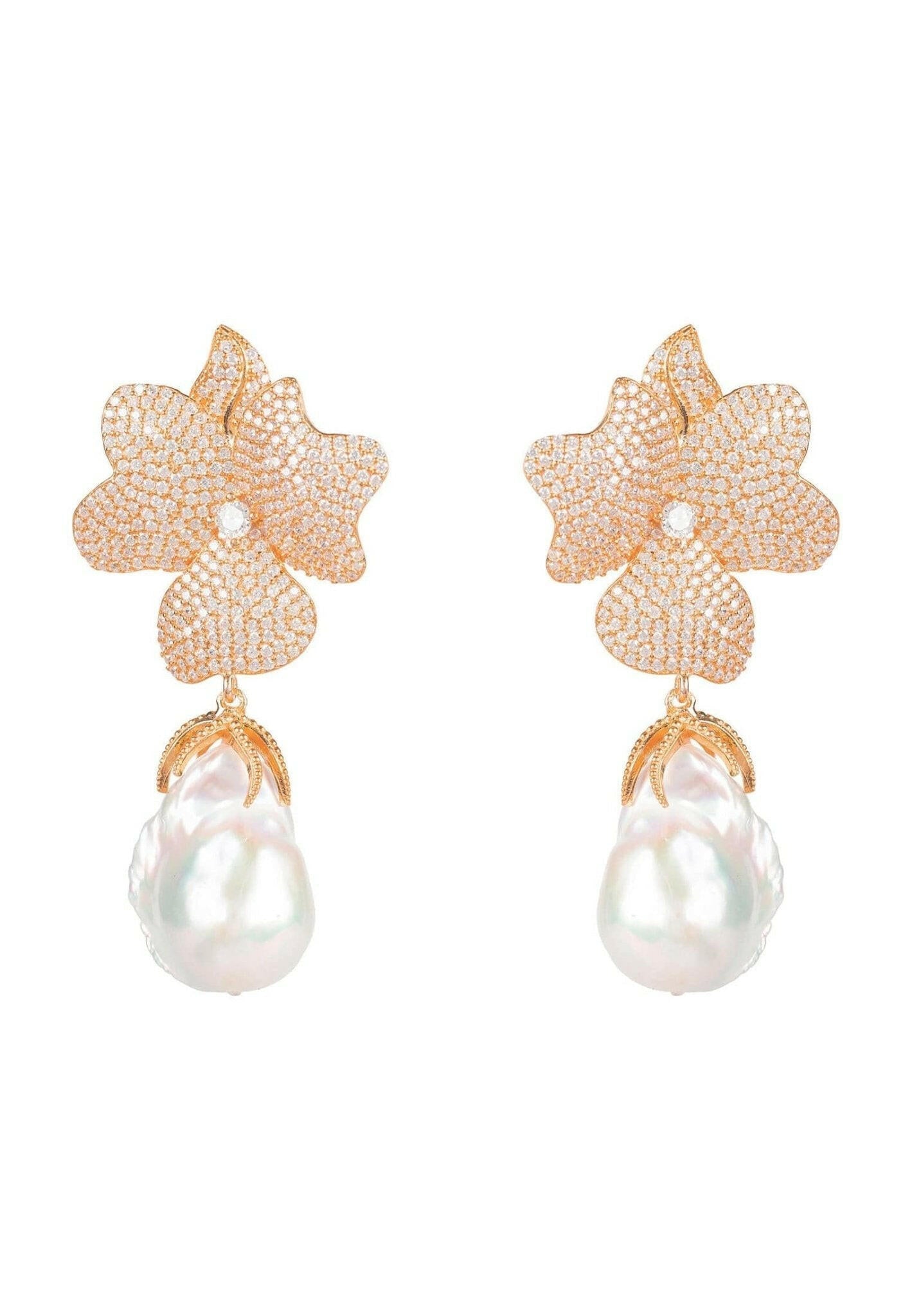 Baroque Pearl White Flower Drop Earrings Rosegold.