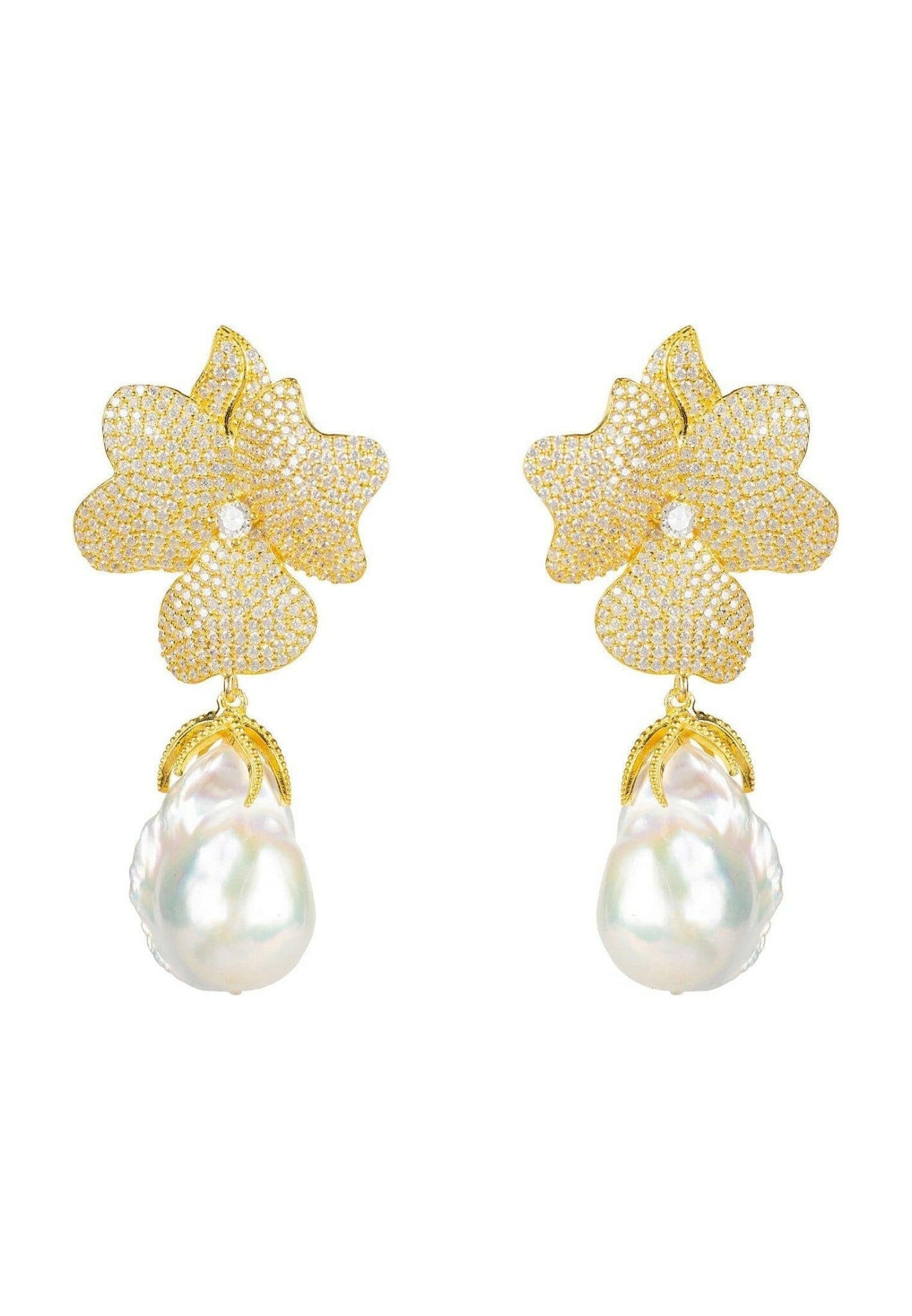 Baroque Pearl White Flower Earrings Yellow Gold.