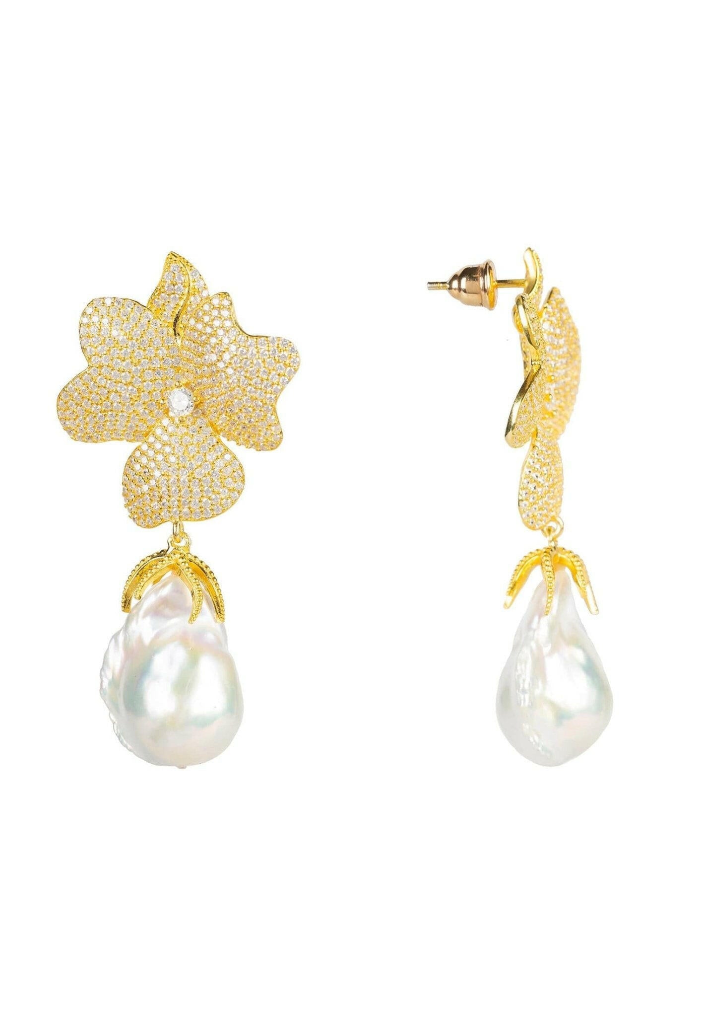 Baroque Pearl White Flower Earrings Yellow Gold.