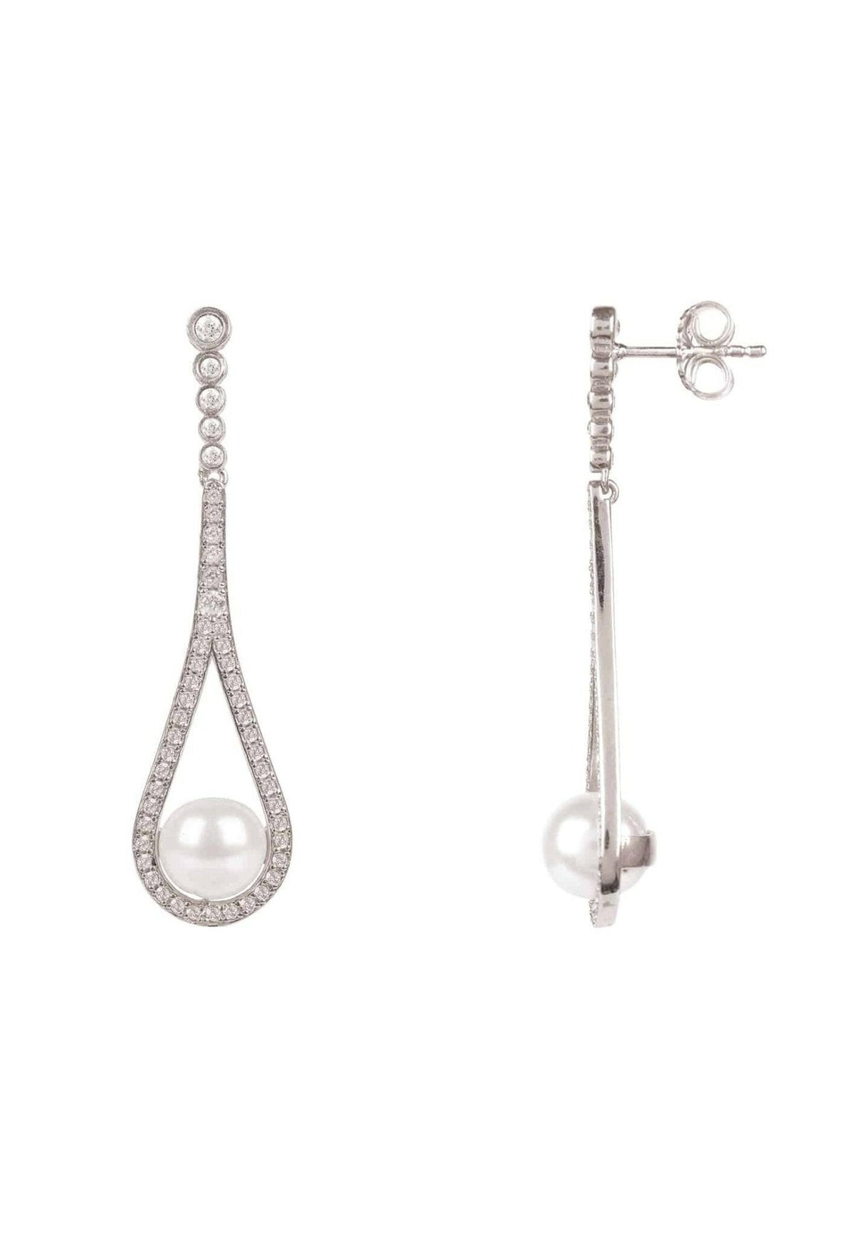 Cradled Pearl Drop Earrings Silver.