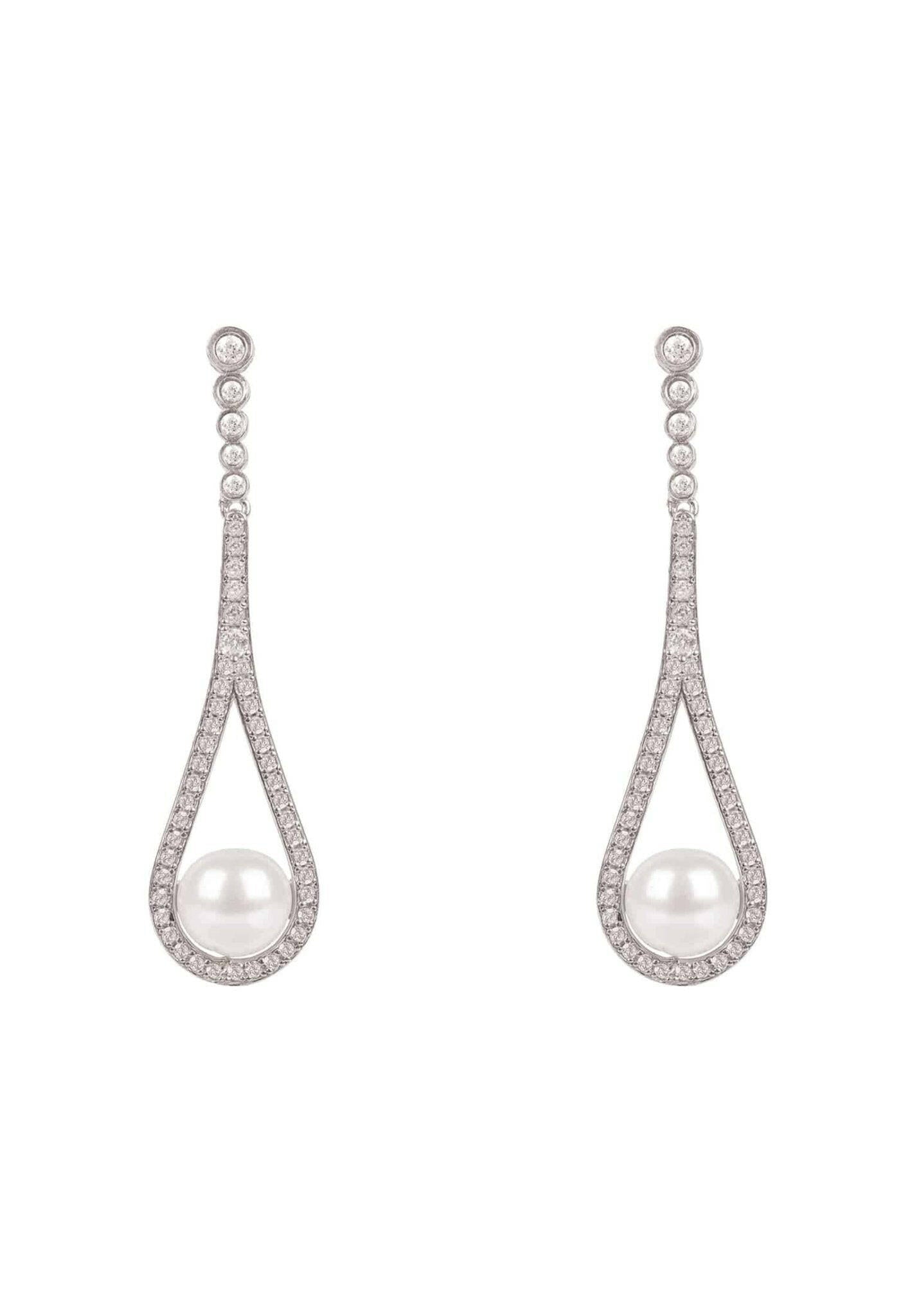 Cradled Pearl Drop Earrings Silver.