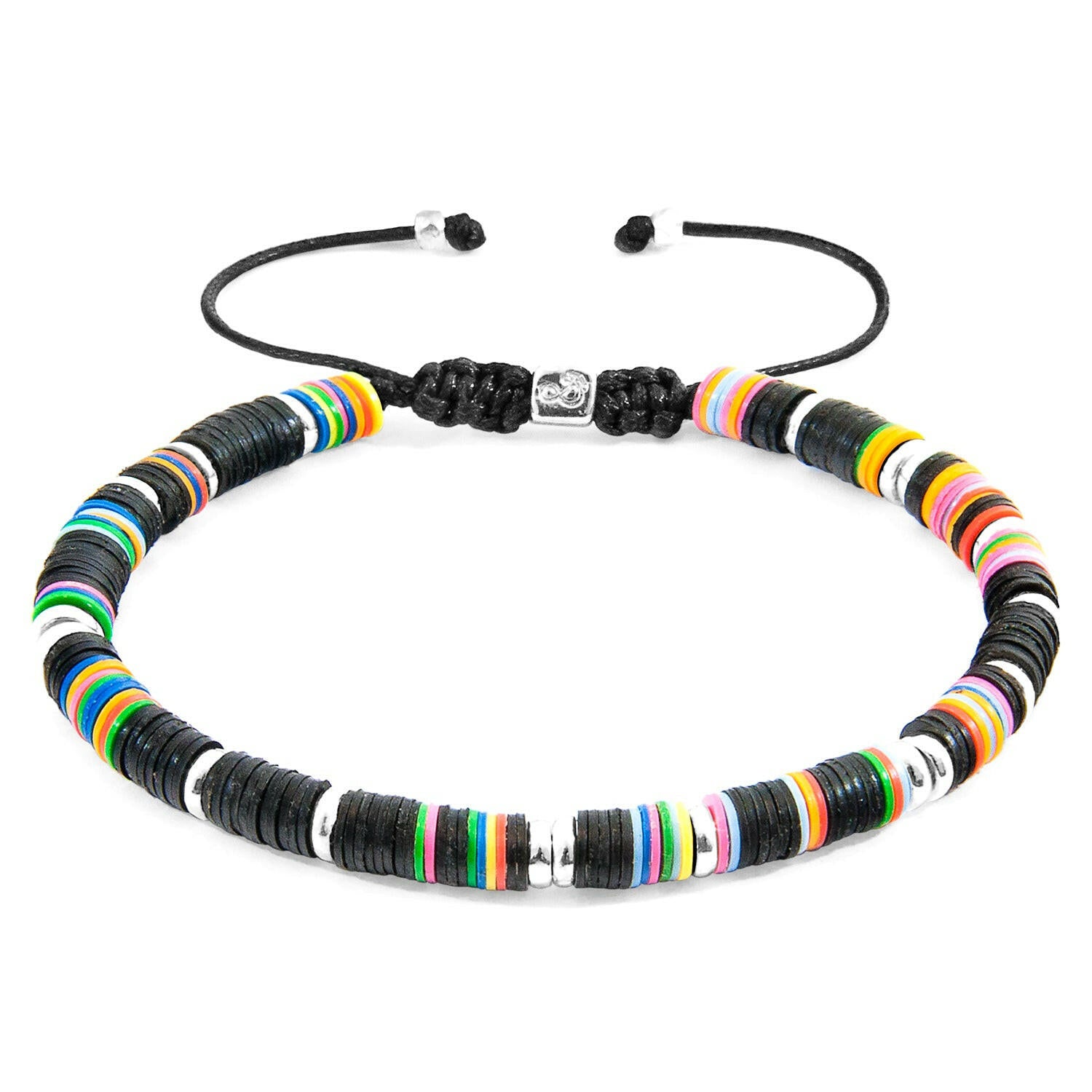 Black Kivu Silver and Vinyl Disc Macrame Bracelet.