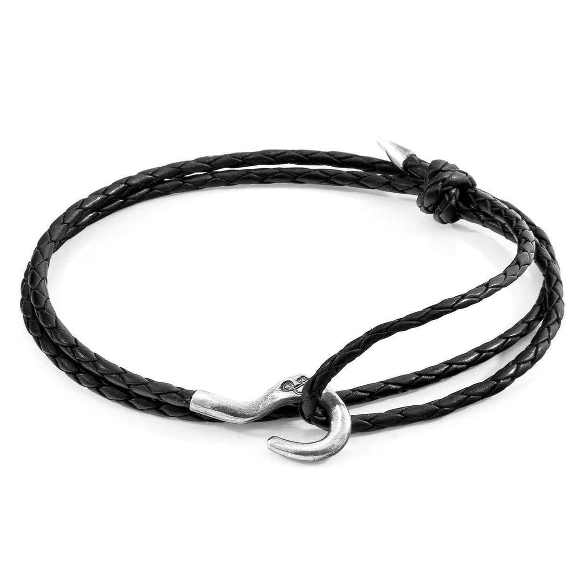 Midnight Black Charles Silver and Braided Leather SKINNY Bracelet - Selectique 