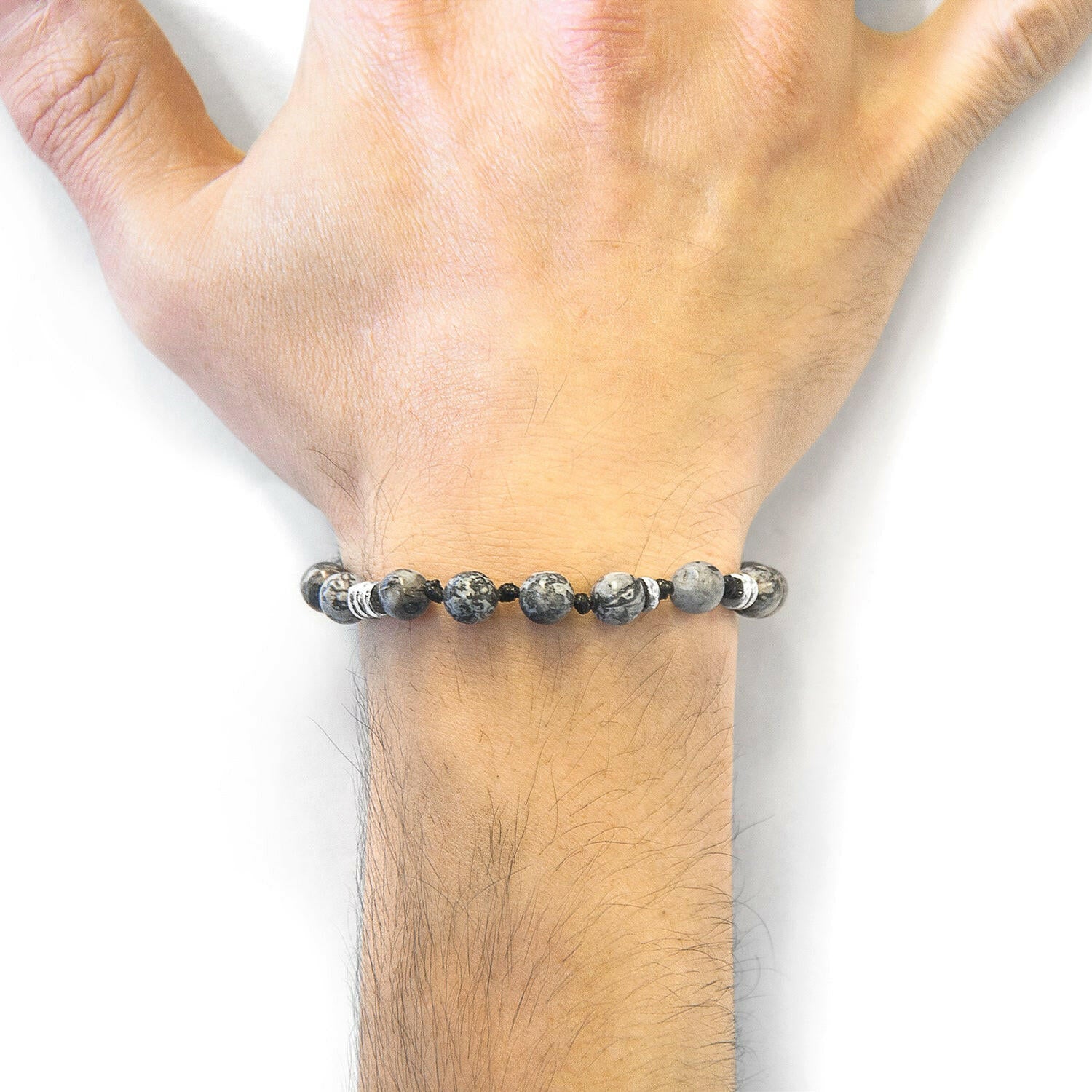 Grey Jasper Agaya Silver and Stone Beaded Macrame Bracelet.