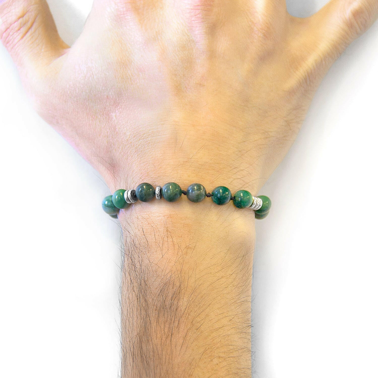 Green Jade Agaya Silver and Stone Beaded Macrame Bracelet.