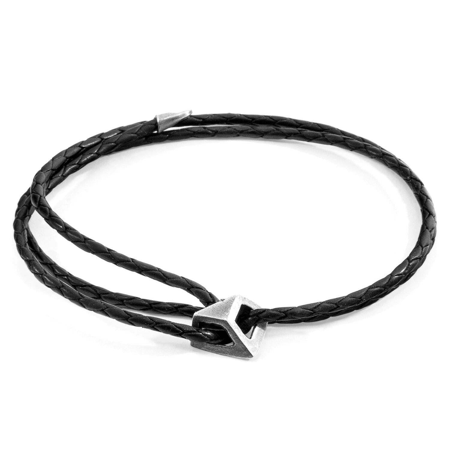 Midnight Black Arthur Silver and Braided Leather SKINNY Bracelet - Selectique 