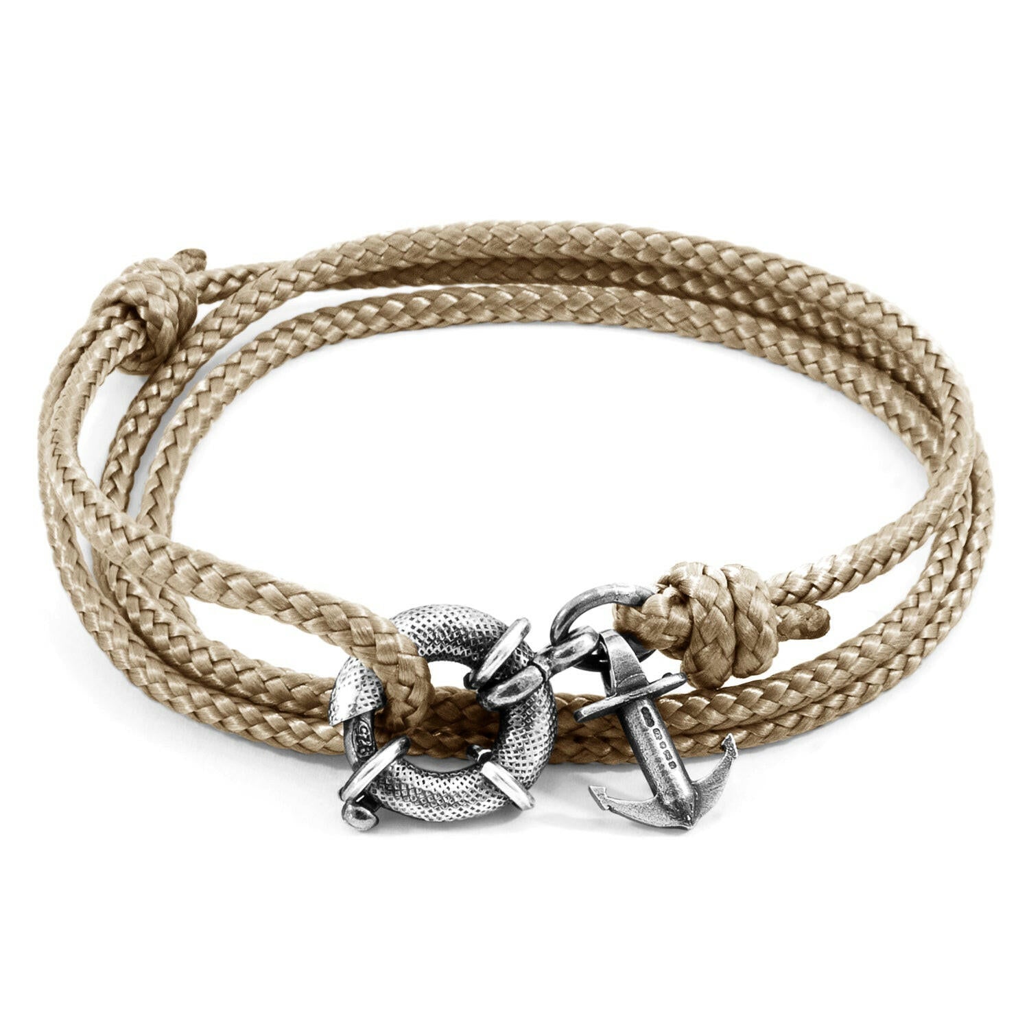 Sand Brown Clyde Anchor Silver and Rope Bracelet.