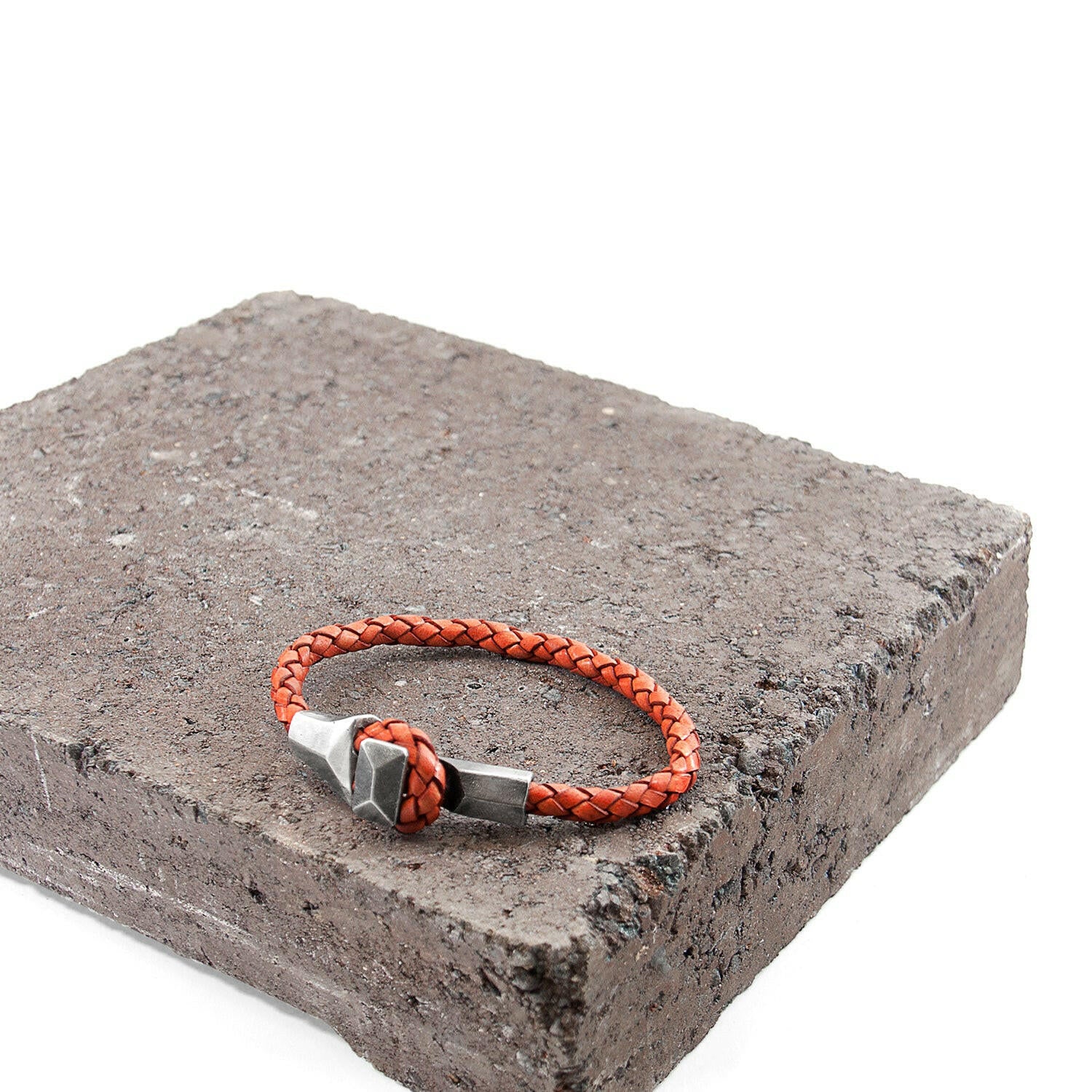 Amber Red Alderney Silver and Braided Leather Bracelet.