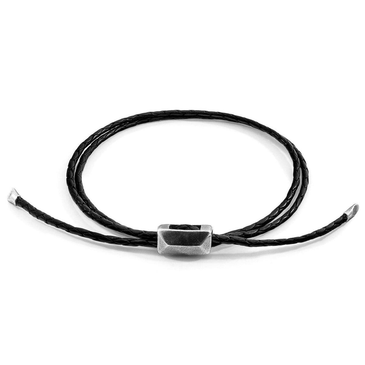 Midnight Black Edward Silver and Braided Leather SKINNY Bracelet - Selectique 