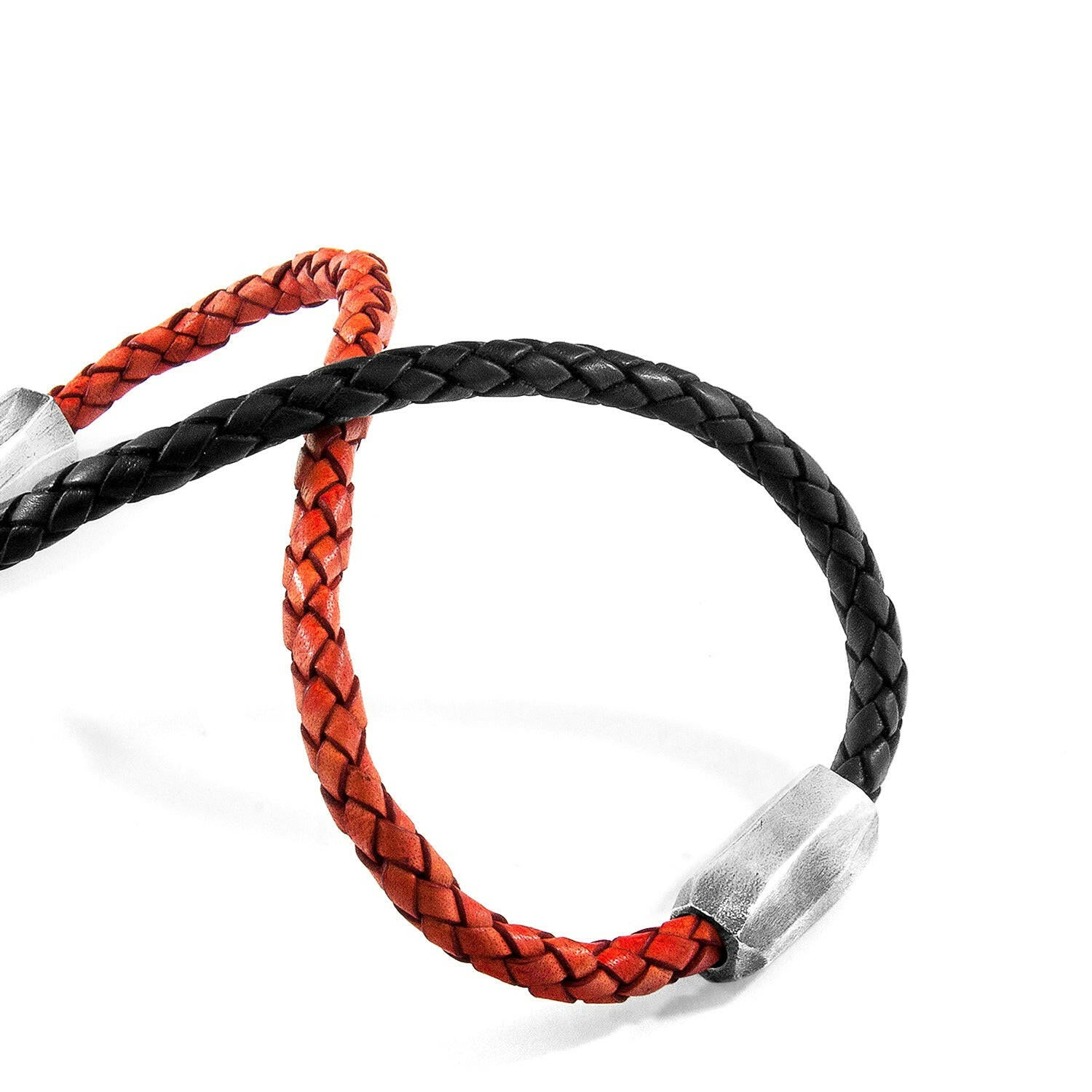 Amber Red Hayling Silver and Braided Leather Bracelet.