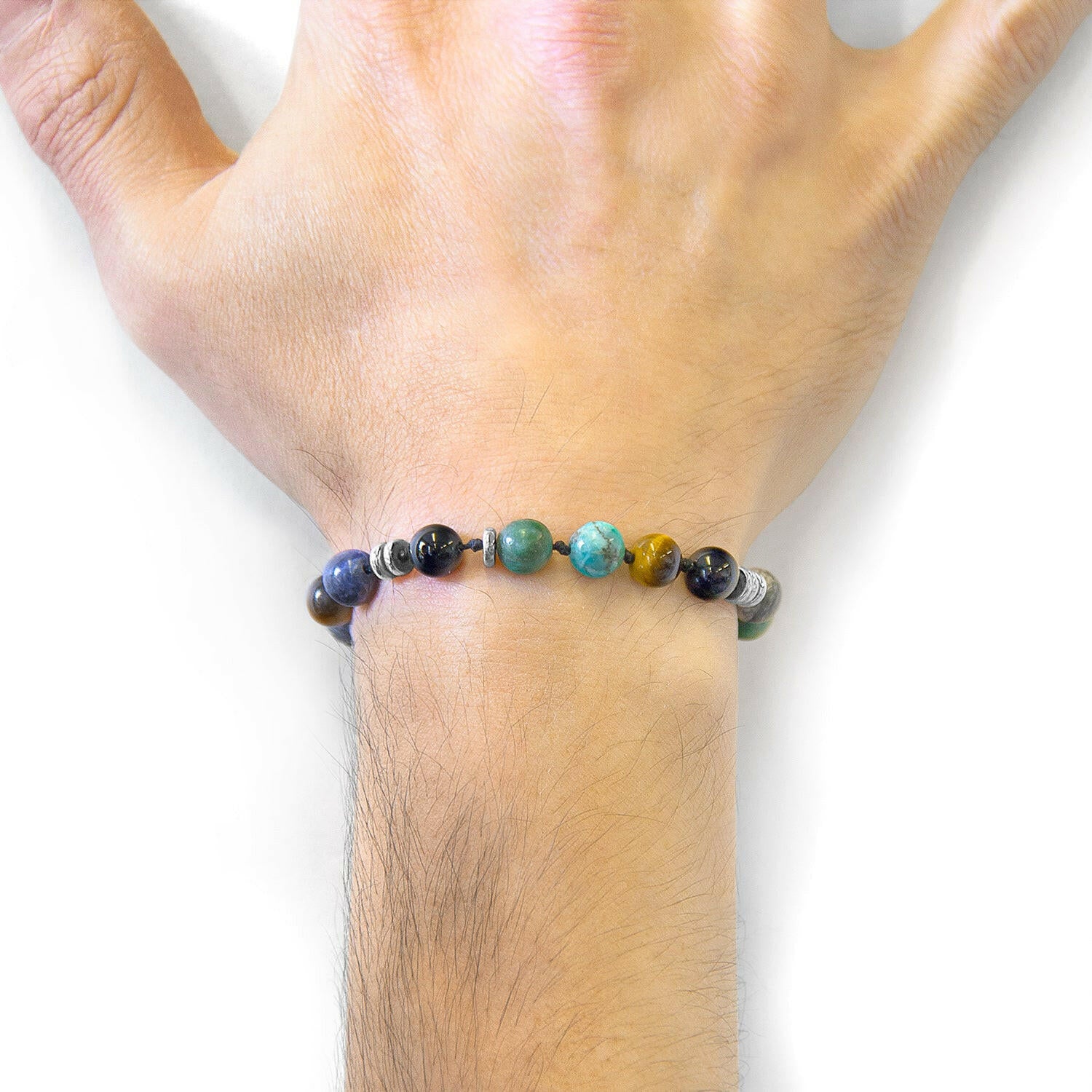 Multicoloured Multi-Gem Agaya Silver and Stone Beaded Macrame Bracelet.