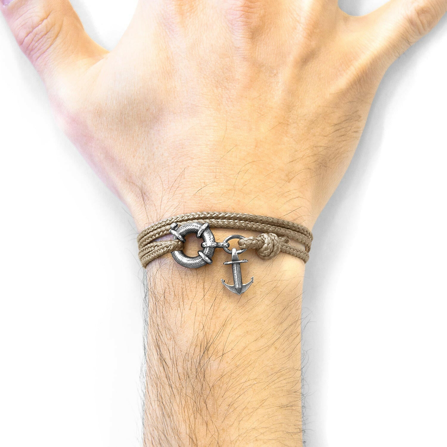 Sand Brown Clyde Anchor Silver and Rope Bracelet.