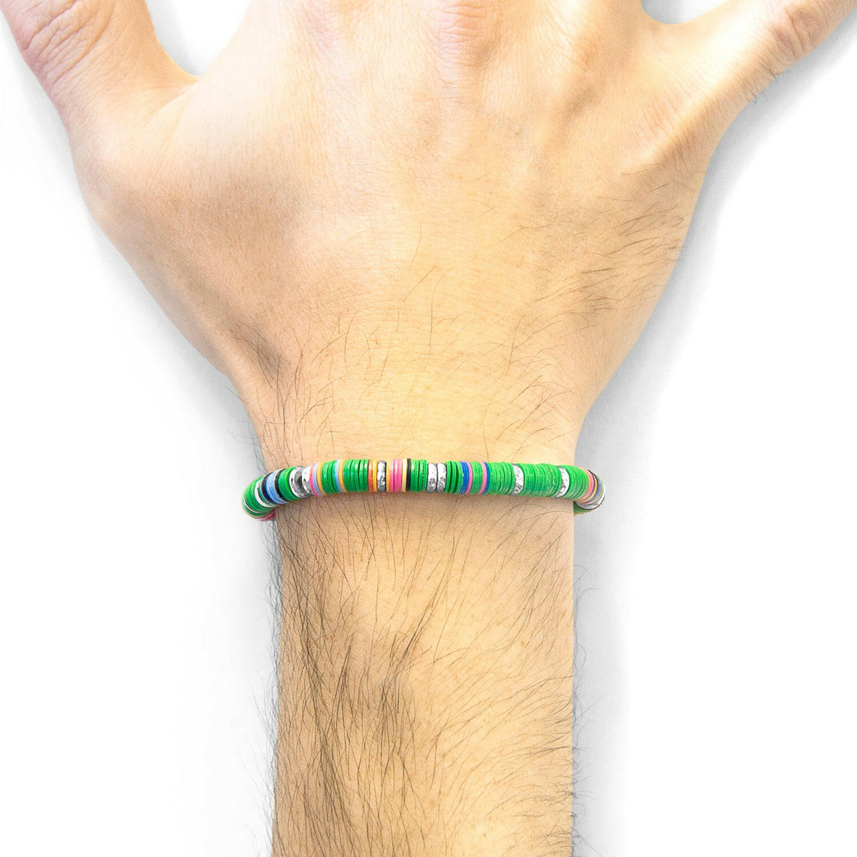 Green Kivu Silver and Vinyl Disc Macrame Bracelet.