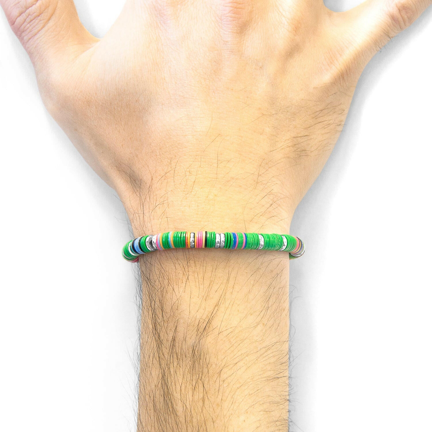 Green Kivu Silver and Vinyl Disc Macrame Bracelet.