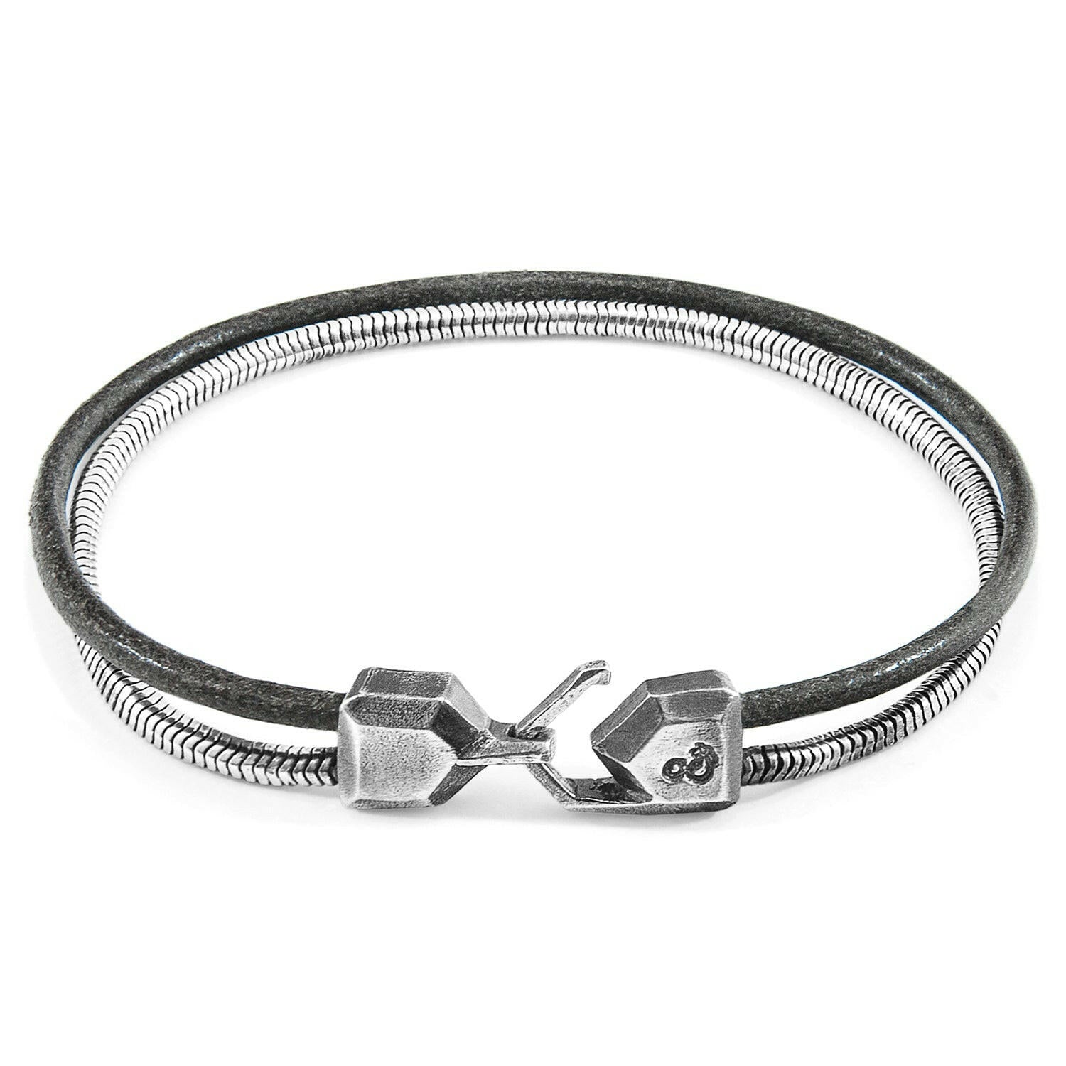 Shadow Grey Gallant Mast Silver and Round Leather Bracelet.