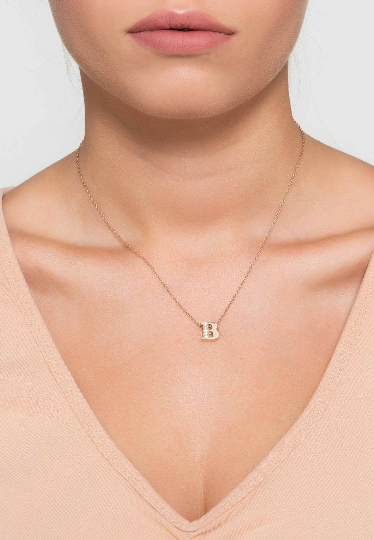 Diamond Initial Letter Pendant Necklace Rose Gold B.