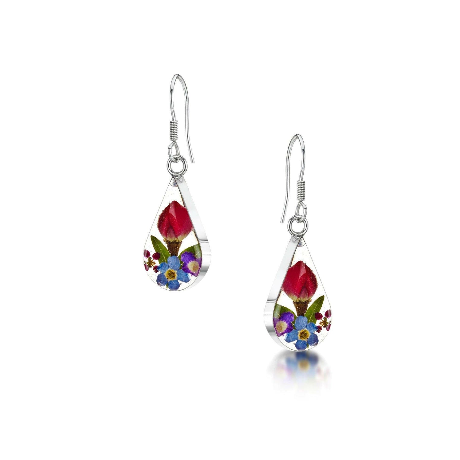 Drop dangle earrings with real flowers by Shrieking Violet® Sterling.