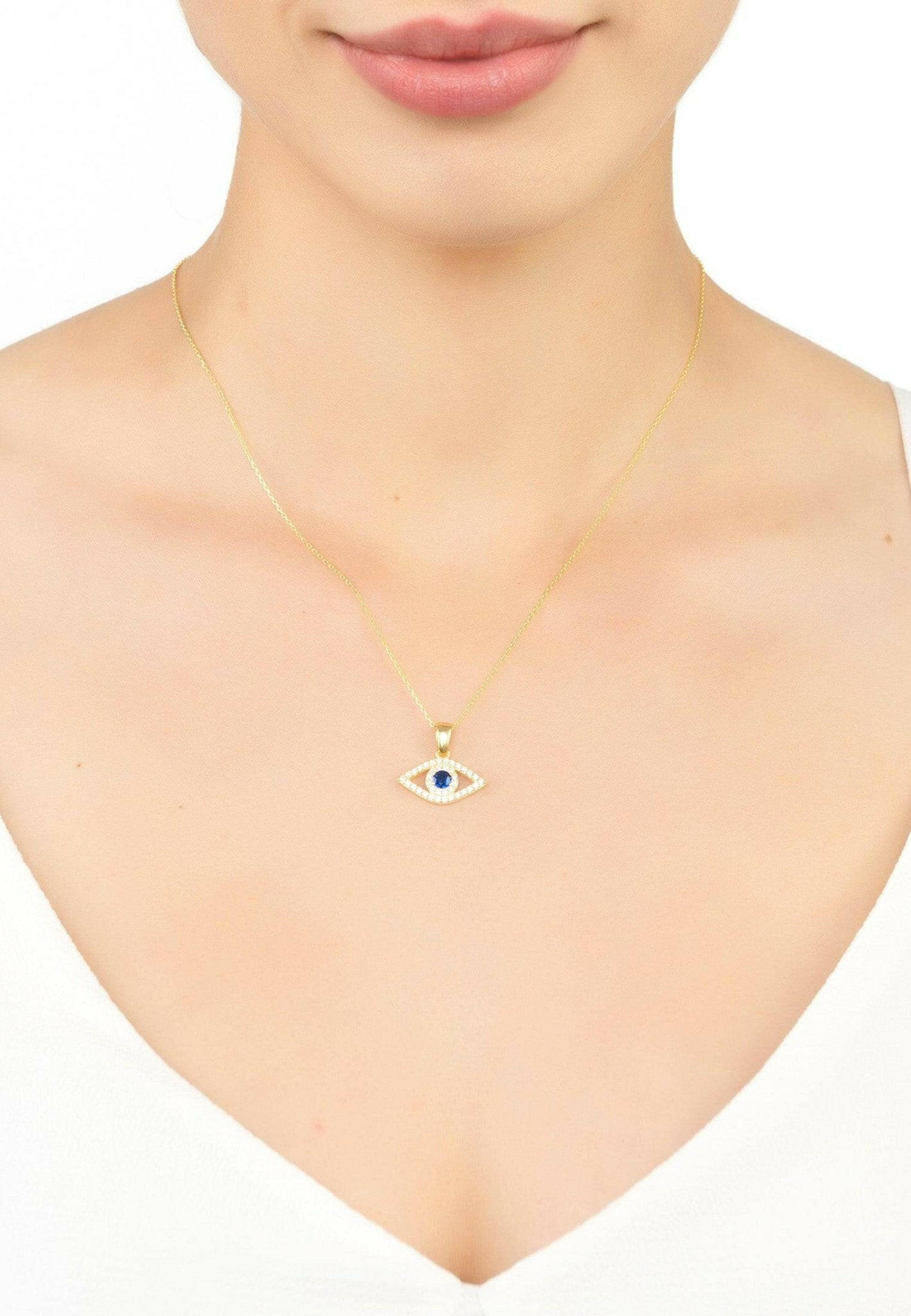 Evil Eye Elliptical Necklace Blue Gold.