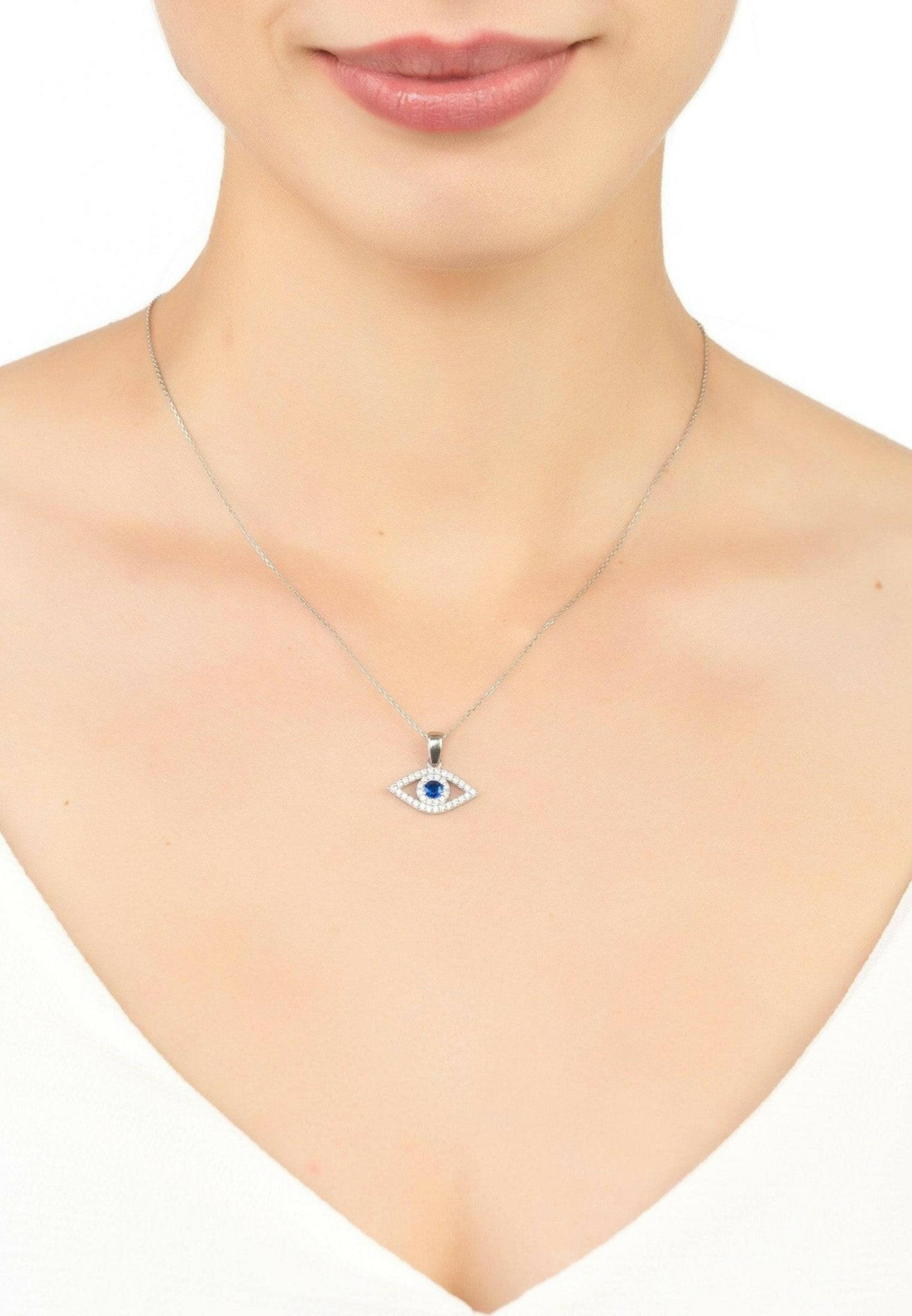 Evil Eye Elliptical Necklace Blue Silver.