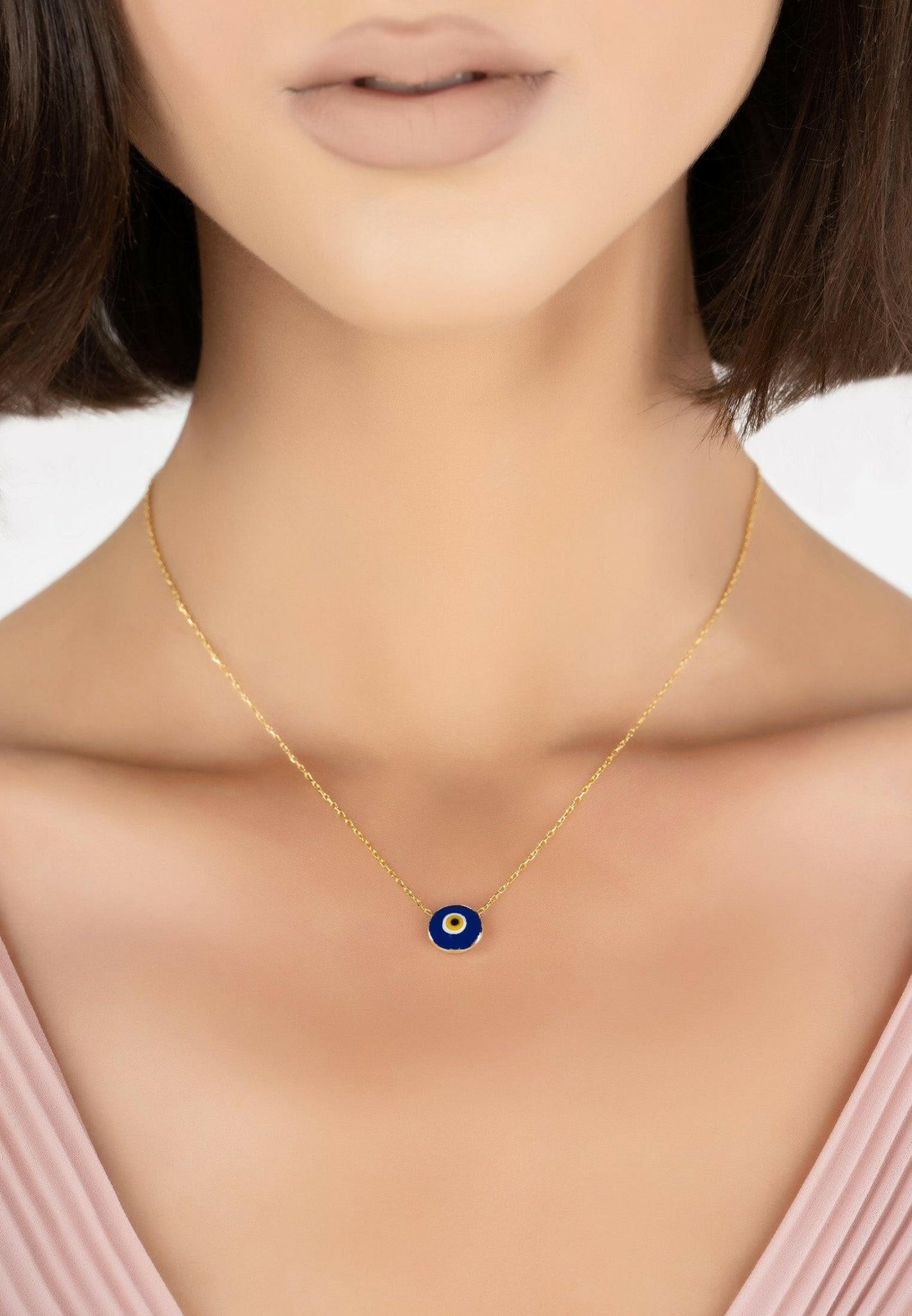 Evil Eye Enamel Pendant Necklace Gold.